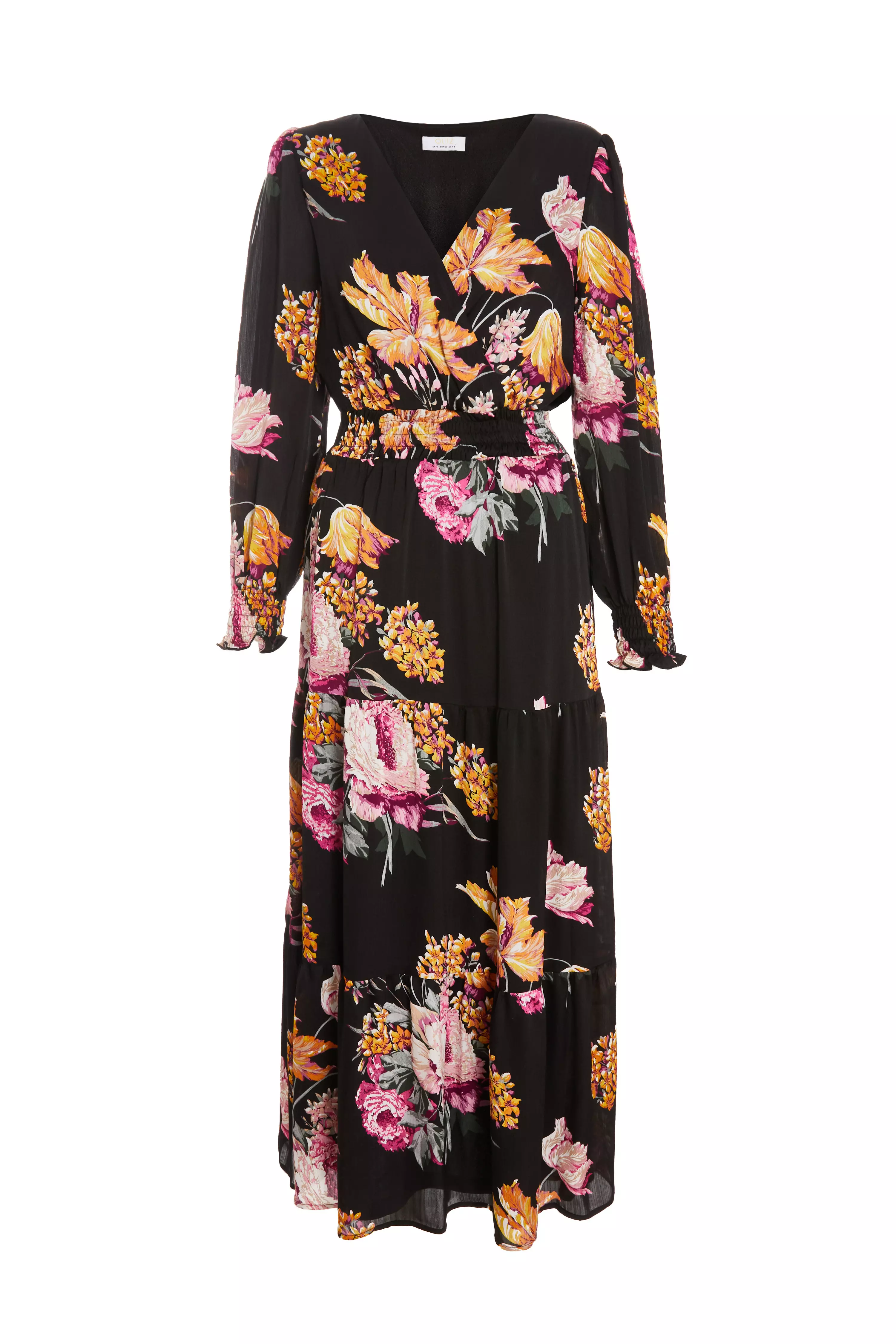 Black Floral Chiffon Tiered Midaxi Dress