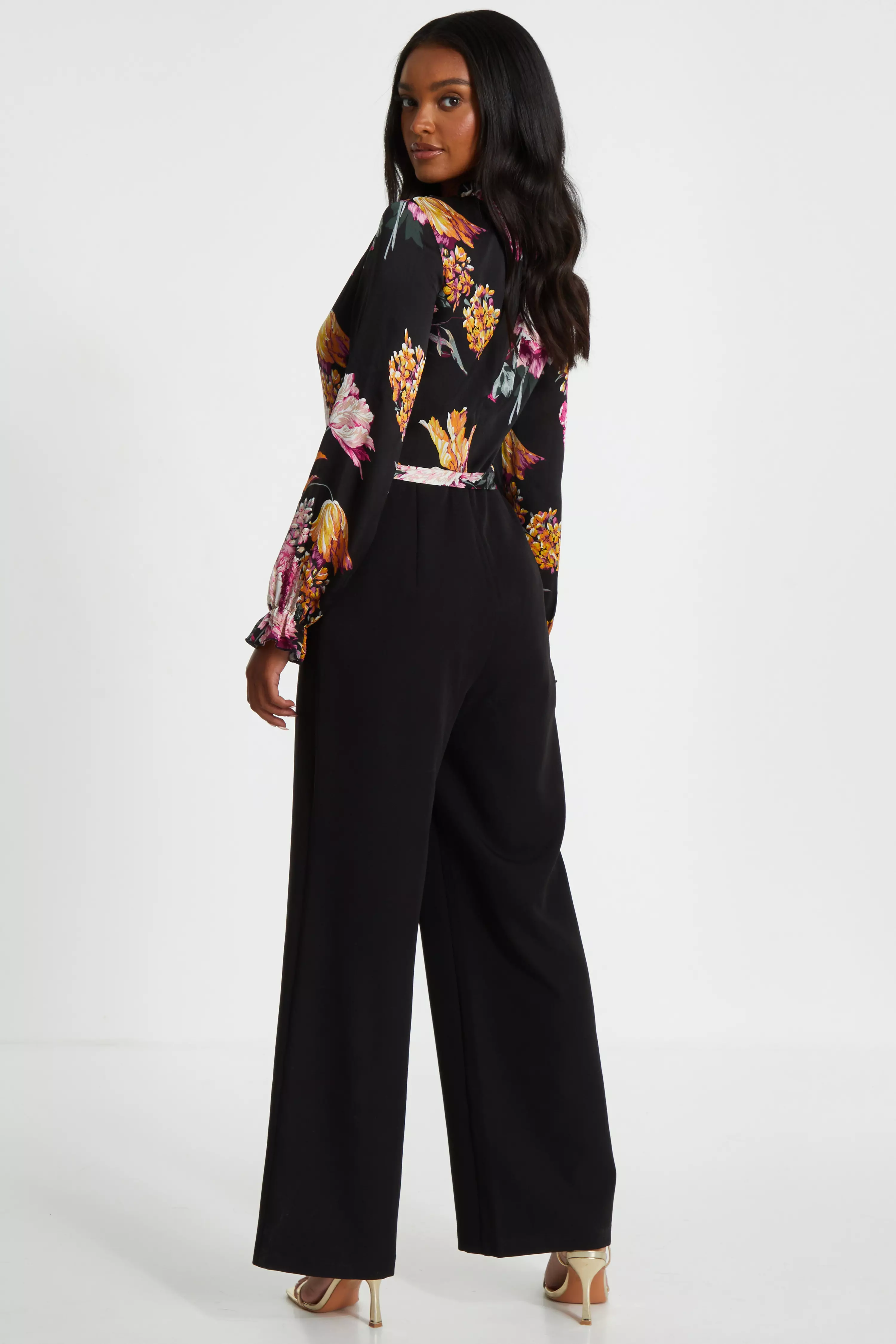 Black Floral Chiffon Contrast Wide Leg Jumpsuit