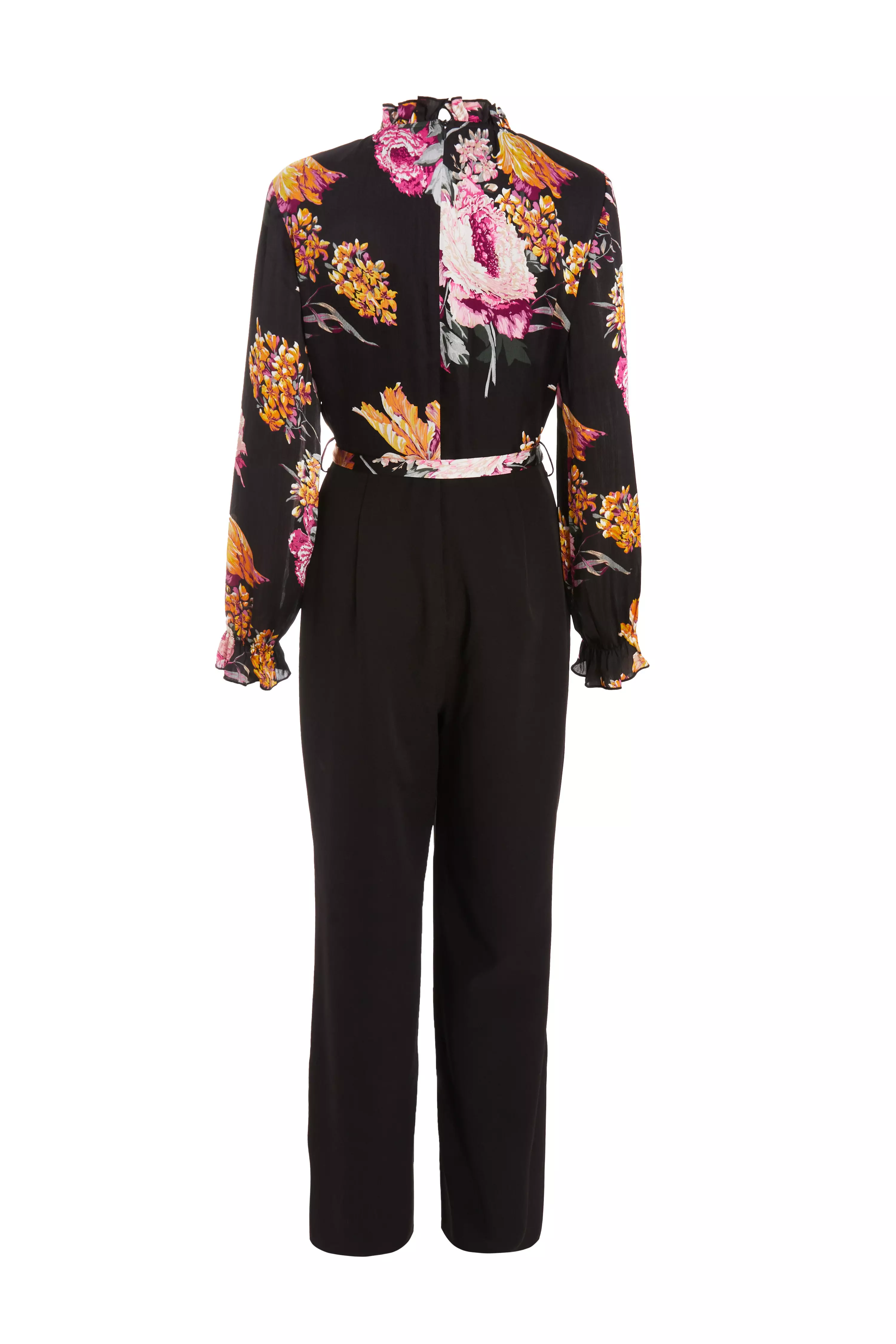 Black Floral Chiffon Contrast Wide Leg Jumpsuit