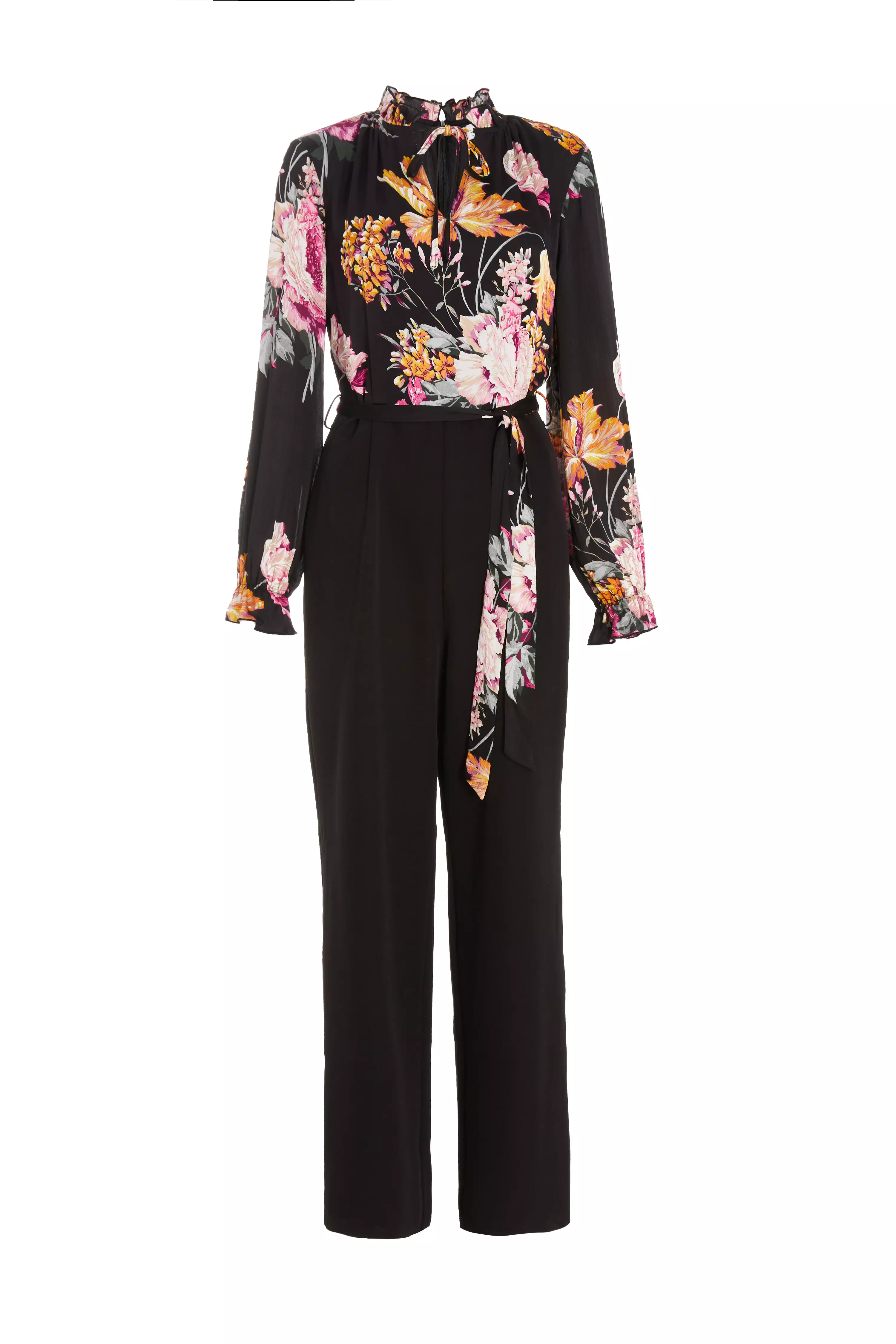 Black Floral Chiffon Contrast Wide Leg Jumpsuit