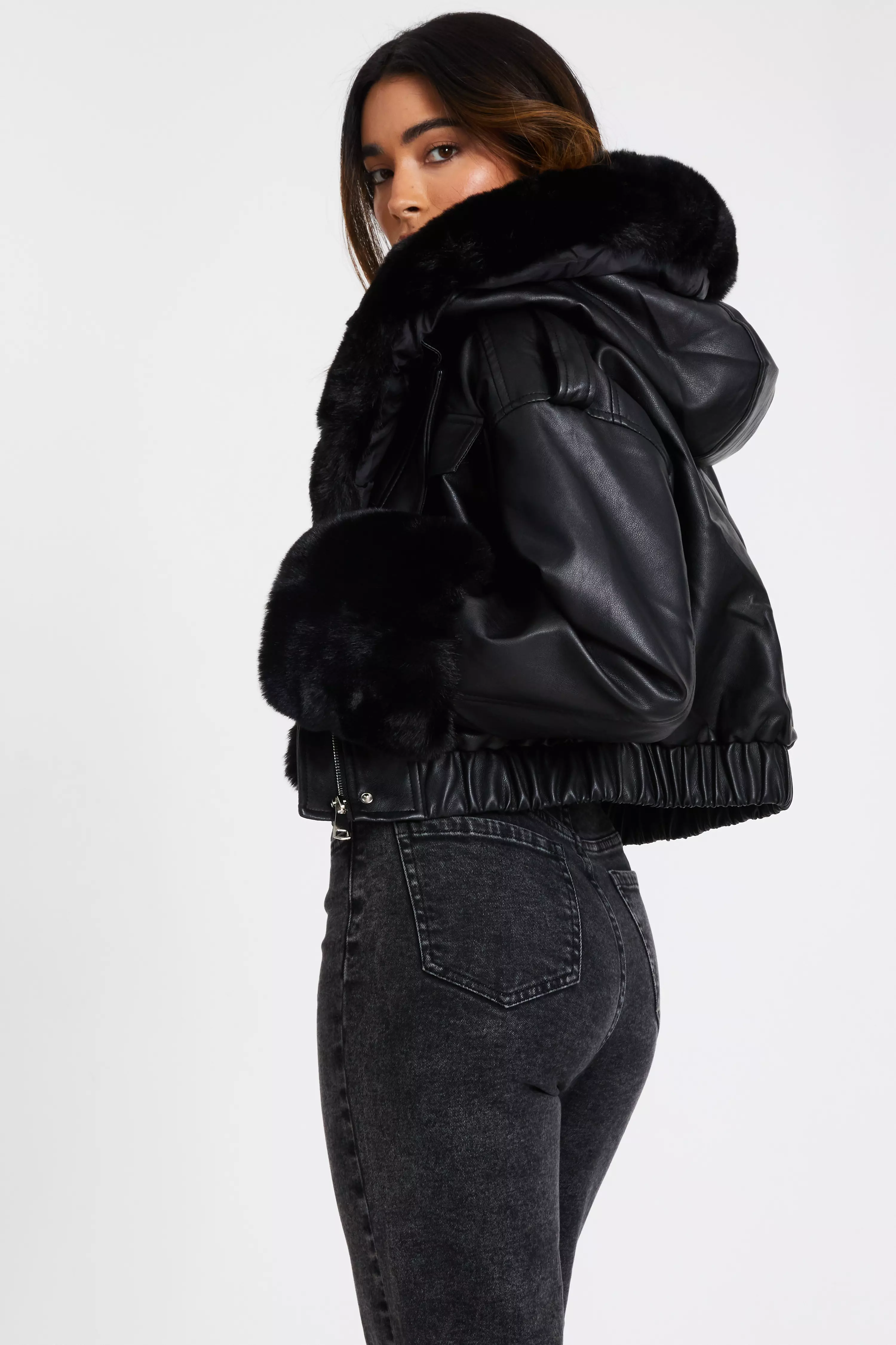 Black Faux Fur Bomber Jacket