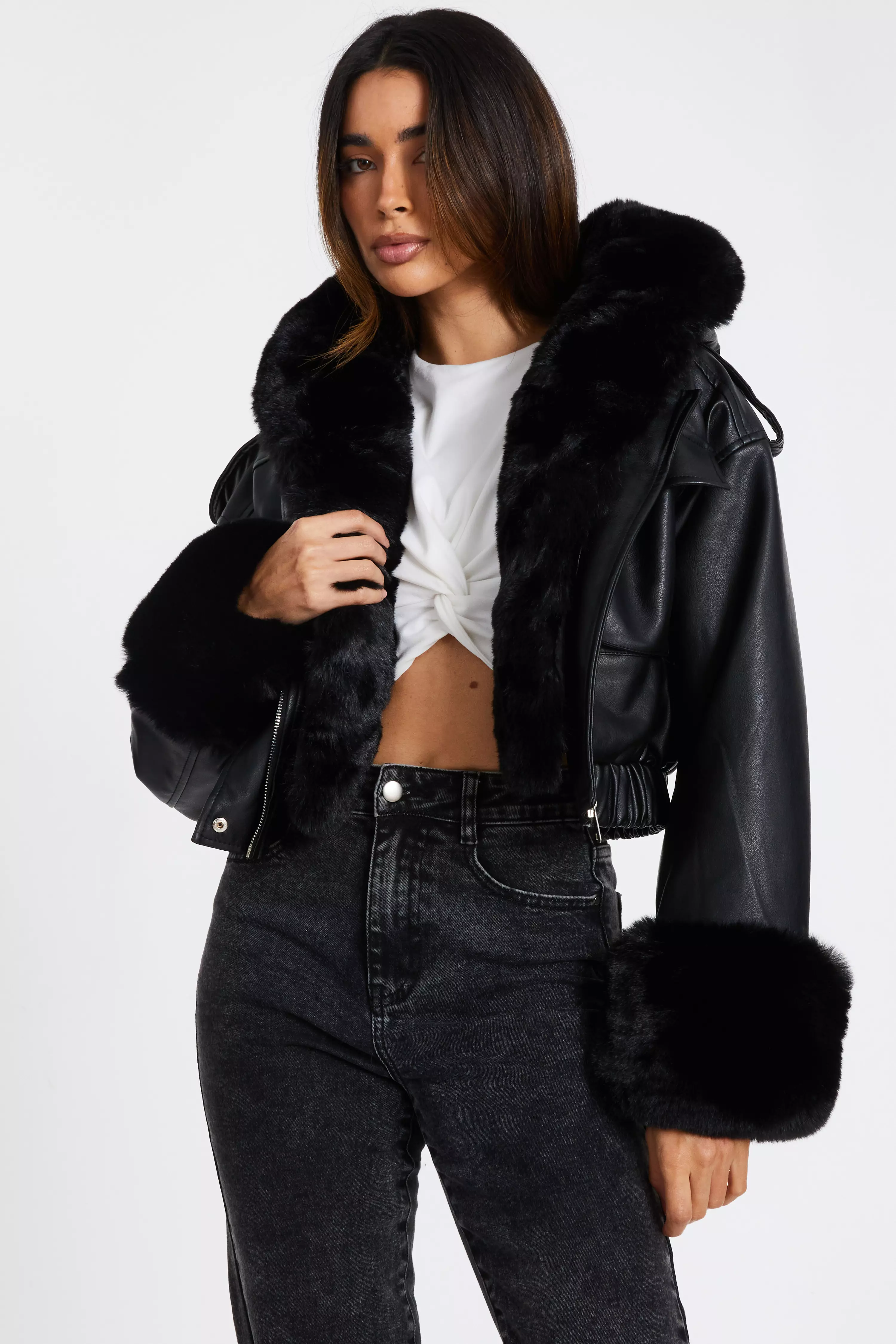 Black Faux Fur Bomber Jacket