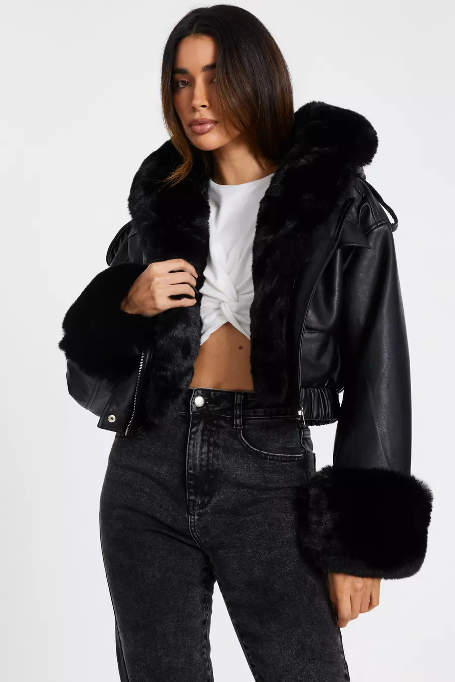 Black Faux Fur Bomber Jacket QUIZ Clothing