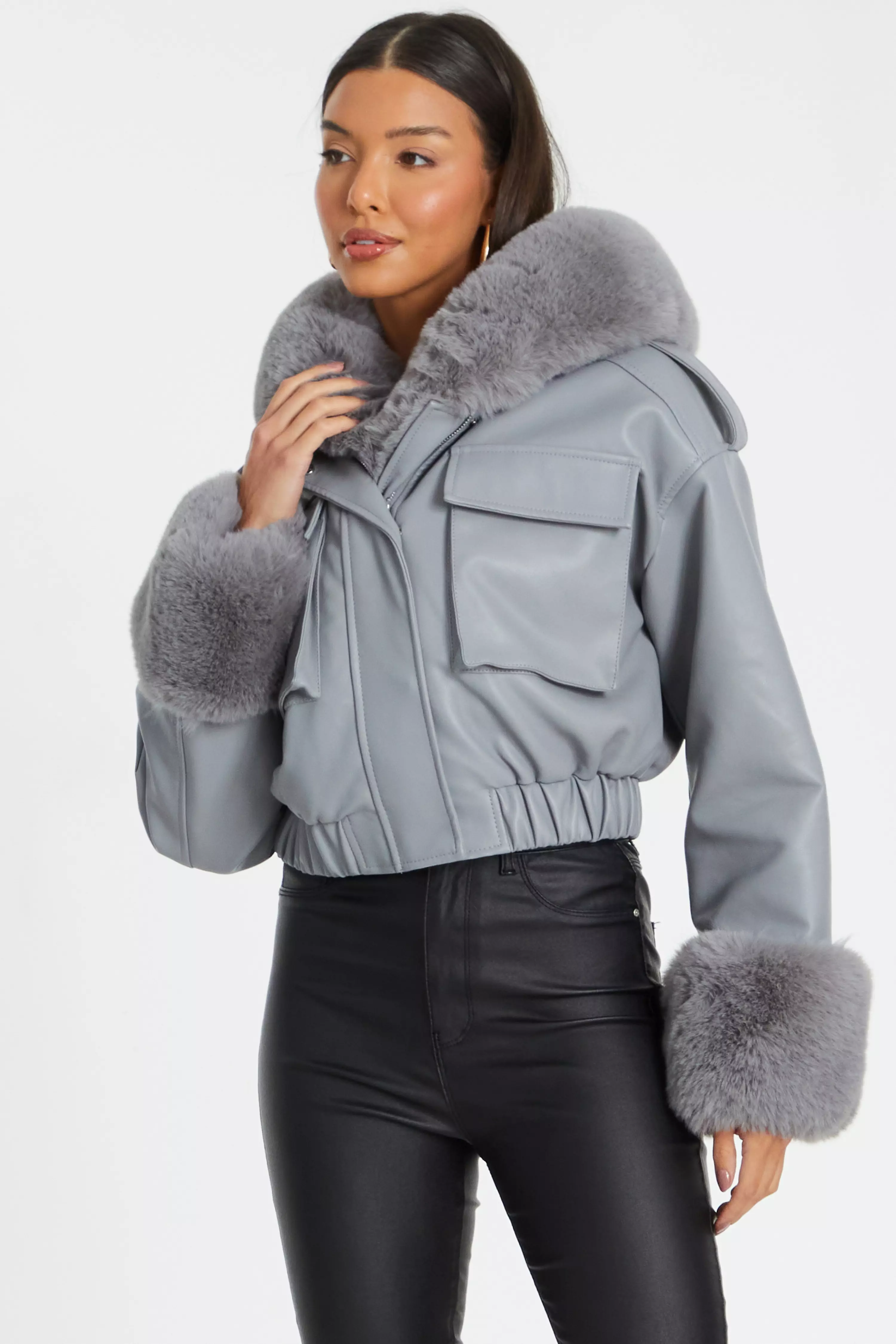 Grey Faux Fur Bomber Jacket