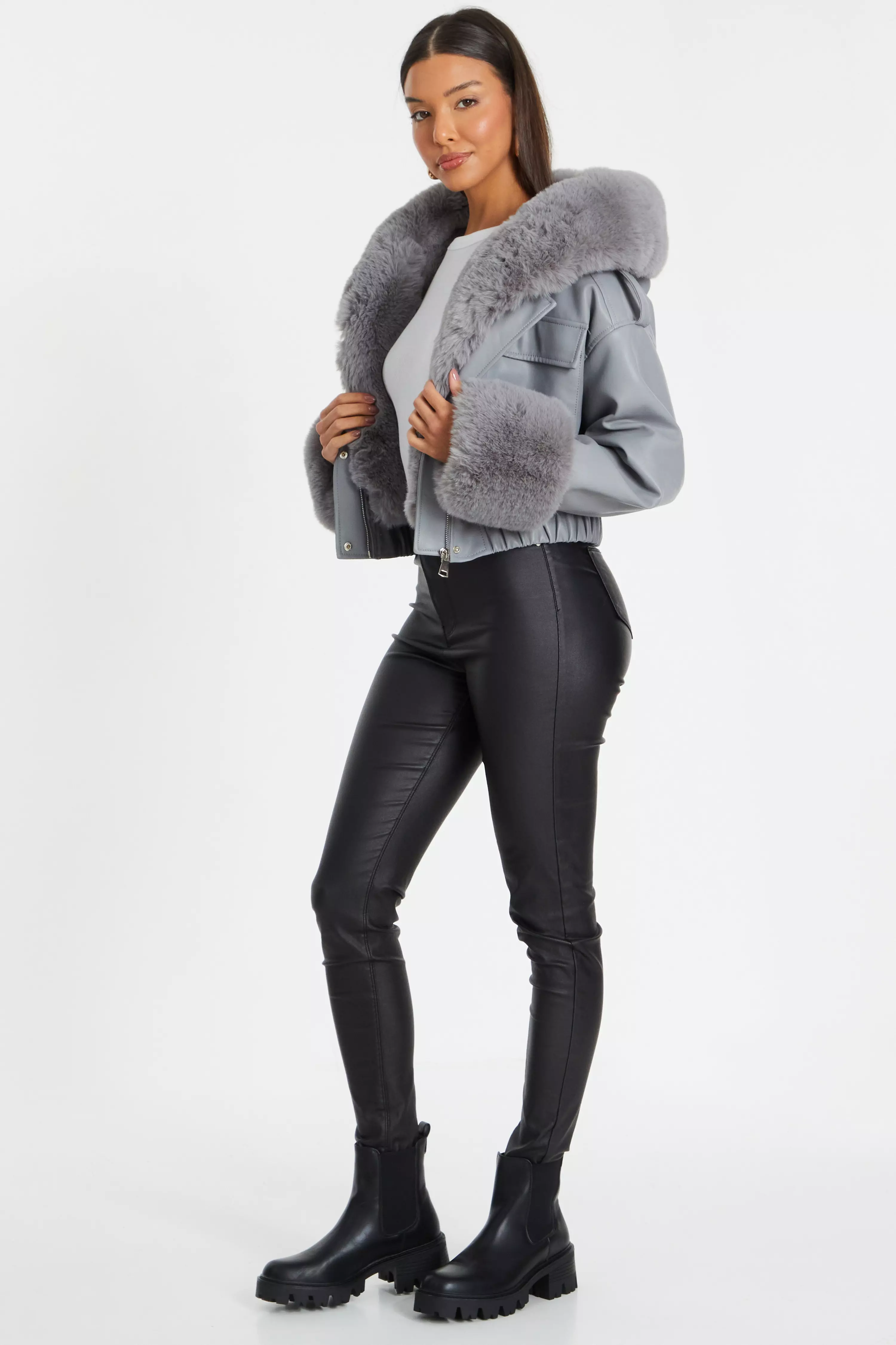 Grey Faux Fur Bomber Jacket