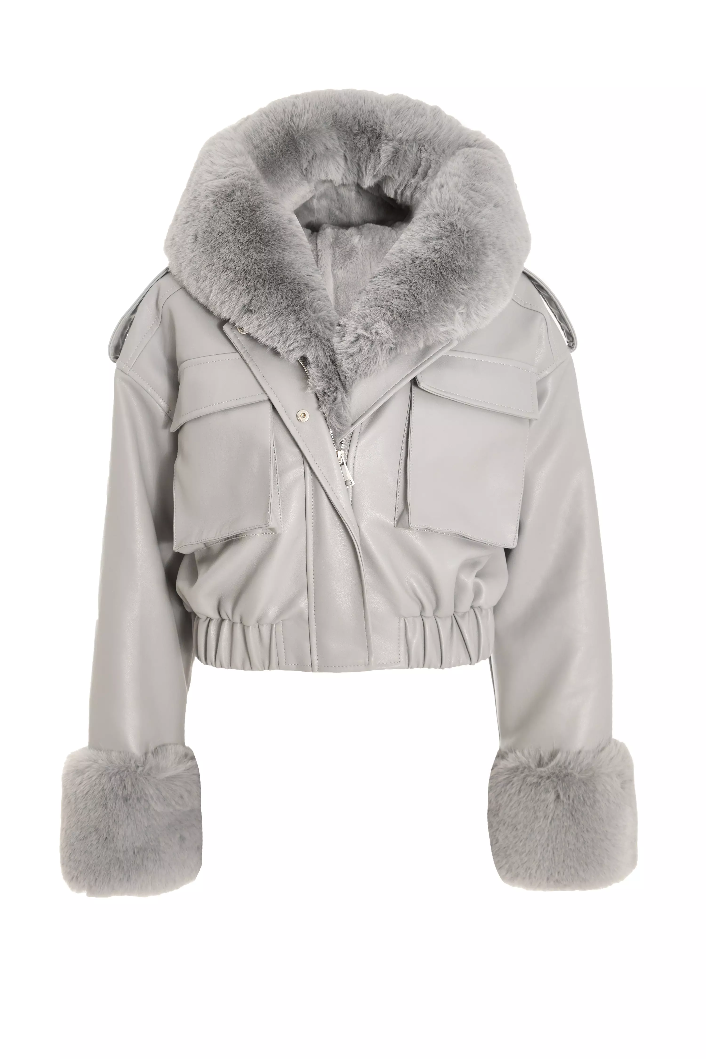 Grey Faux Fur Bomber Jacket