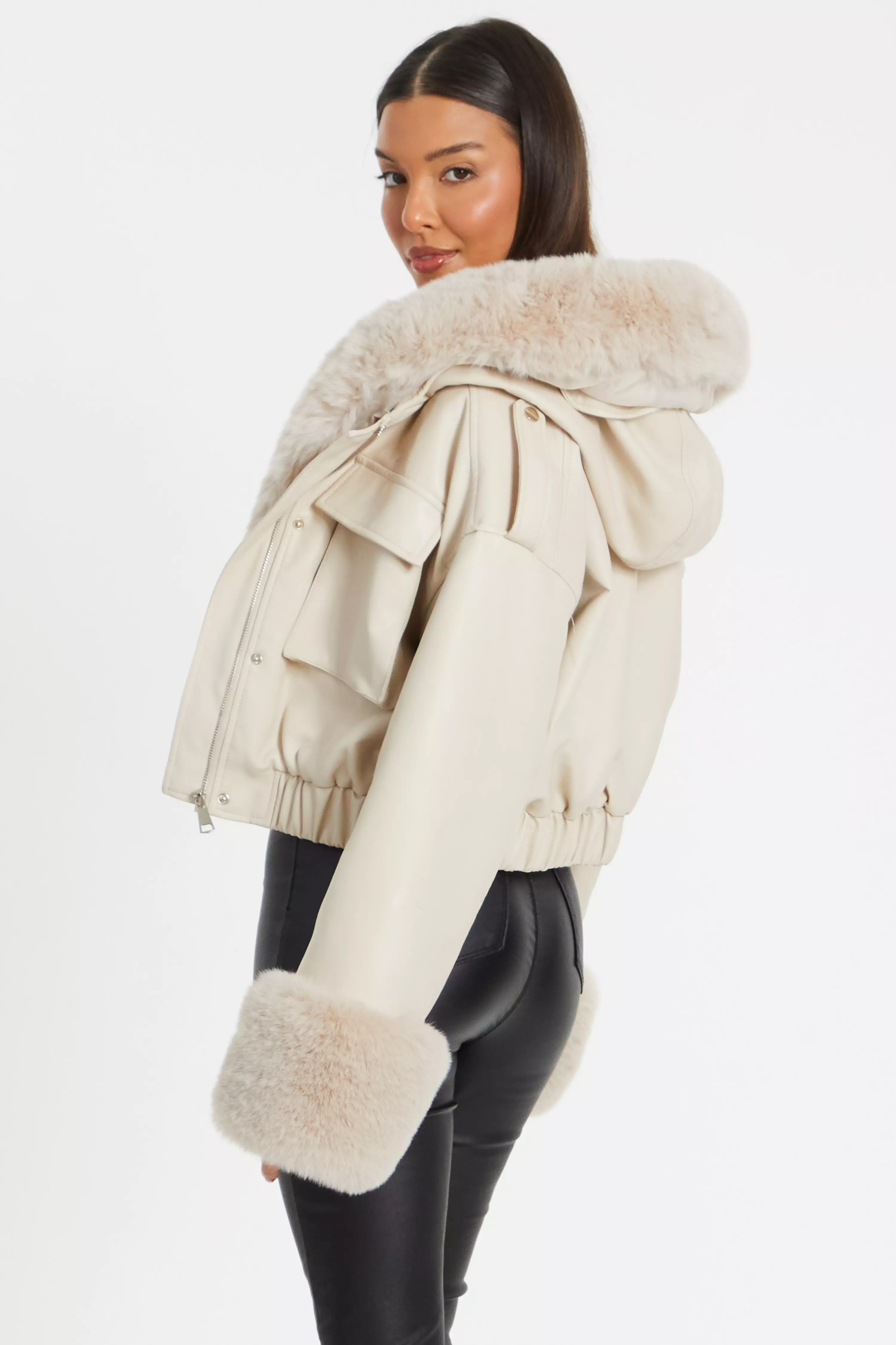 Stone Faux Fur Bomber Jacket