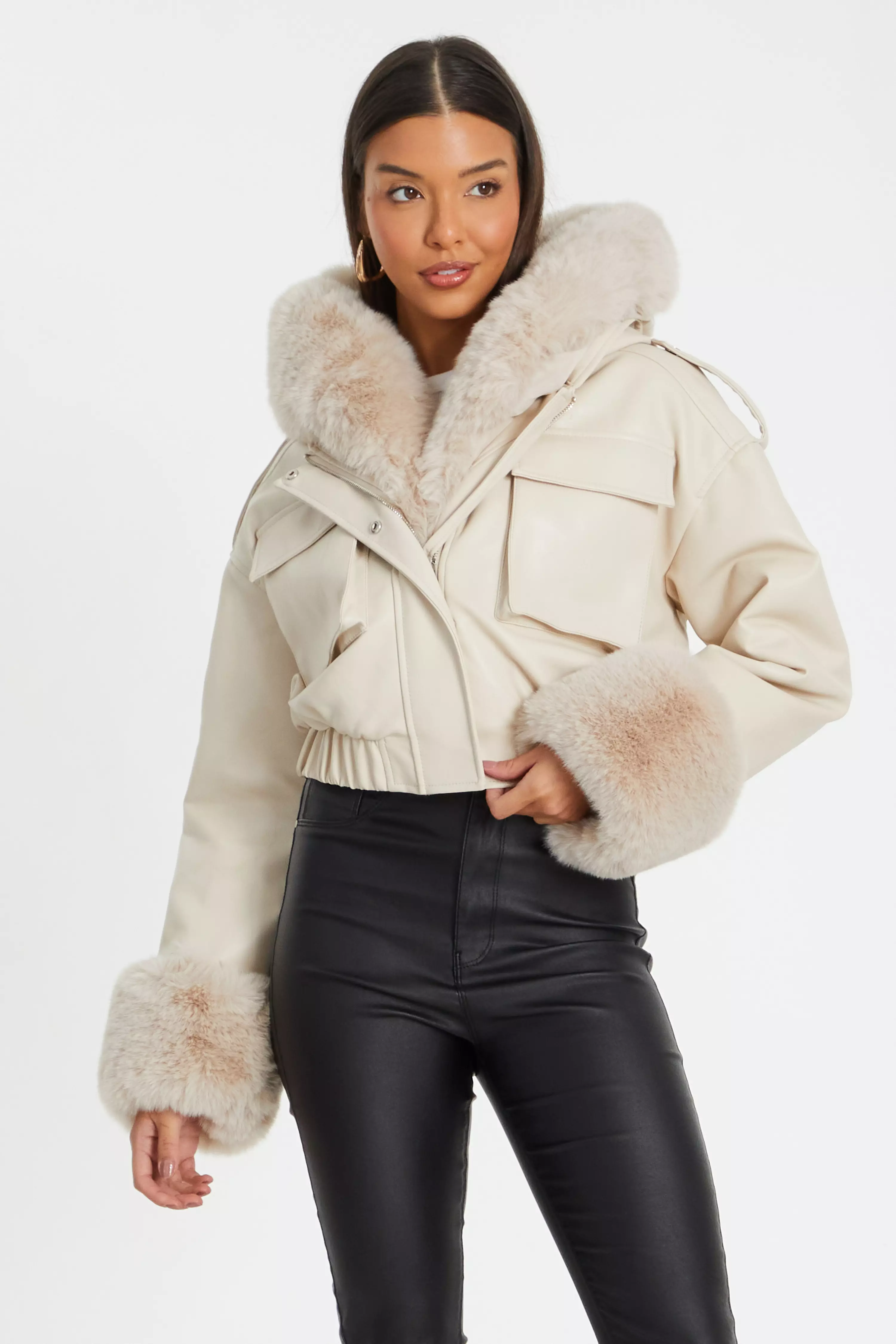 Stone Faux Fur Bomber Jacket