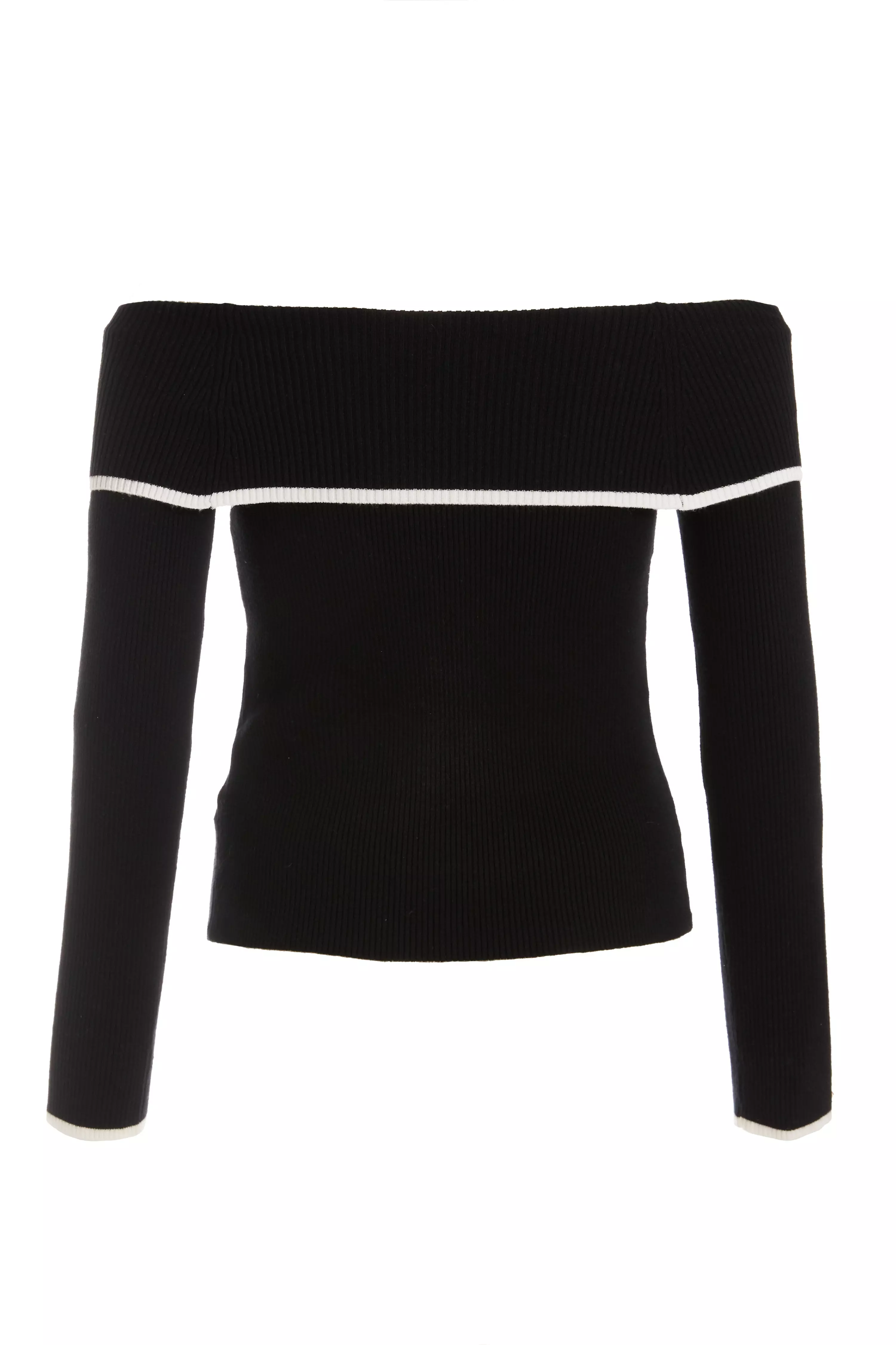 Black Contrast Trim Bardot Knitted Top