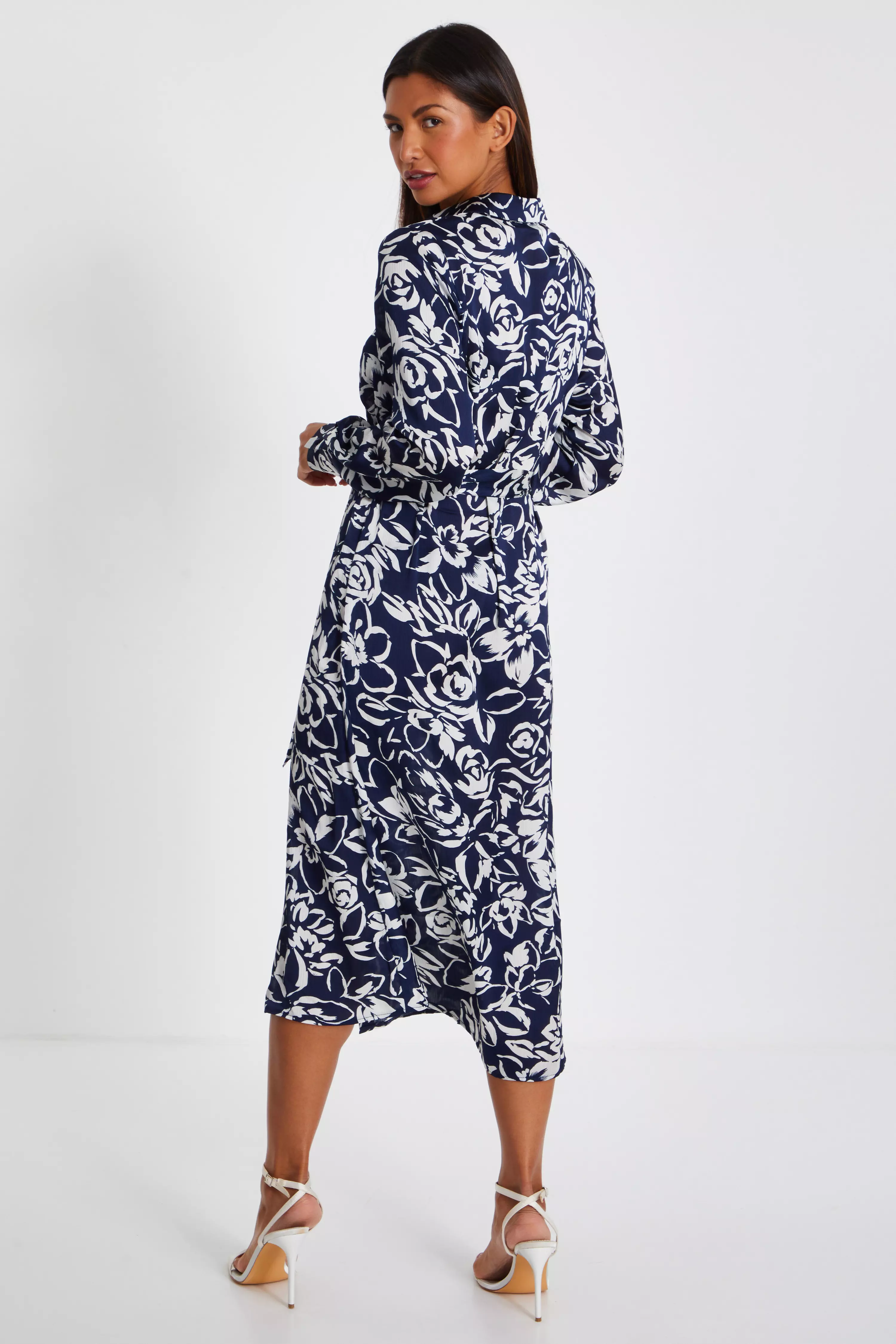 Navy Paisley Print Shirt Midi Dress