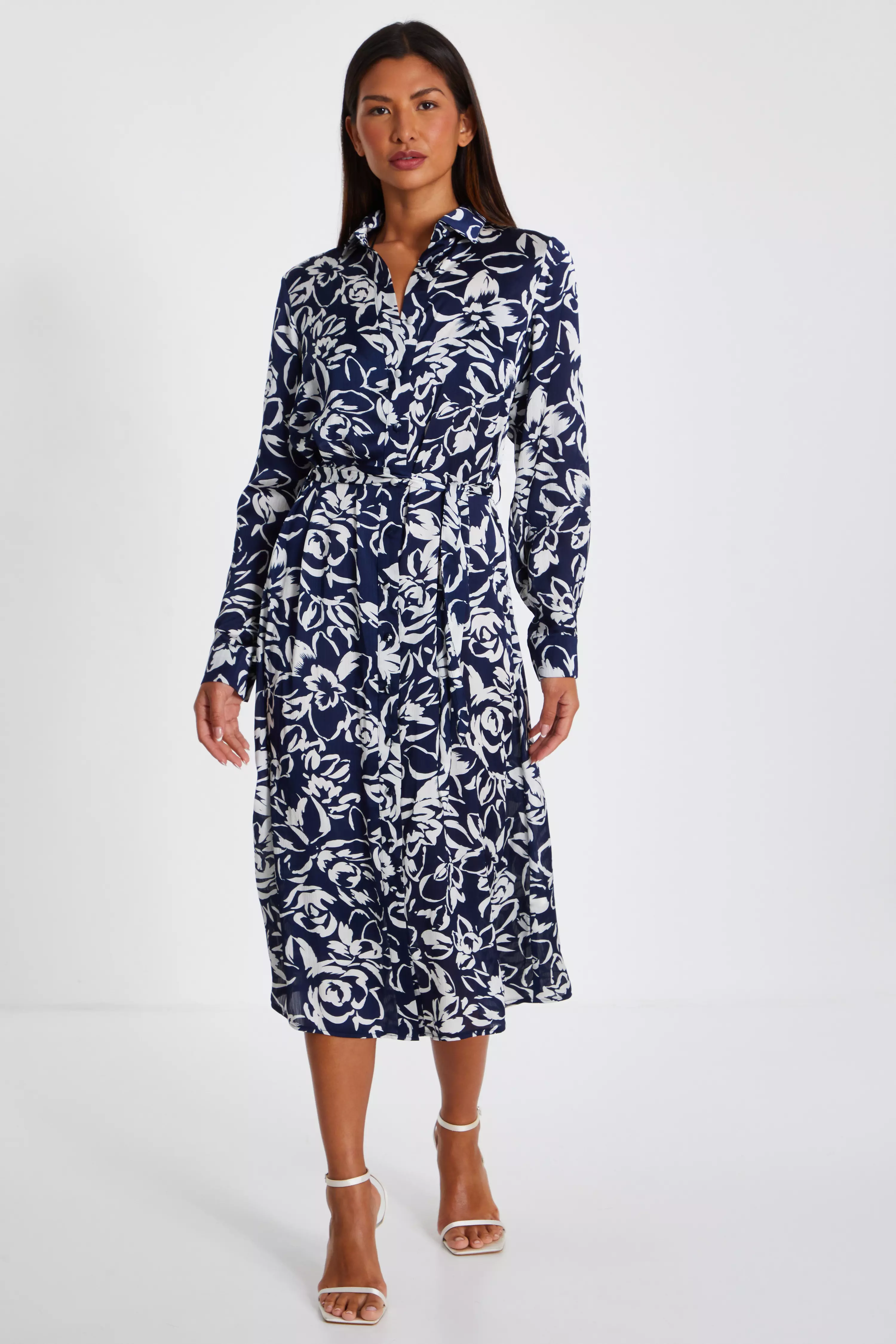 Navy Paisley Print Shirt Midi Dress