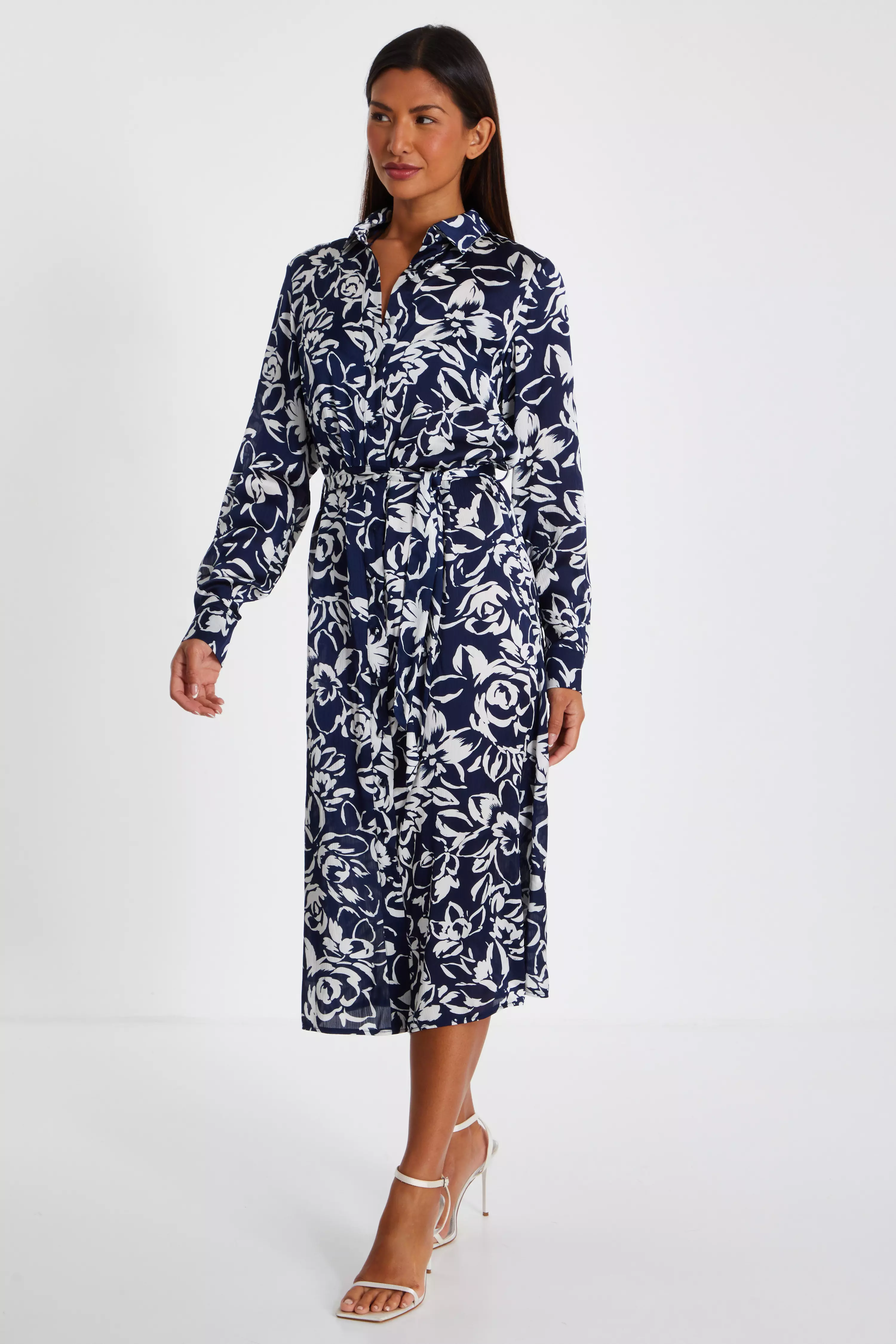 Navy Paisley Print Shirt Midi Dress