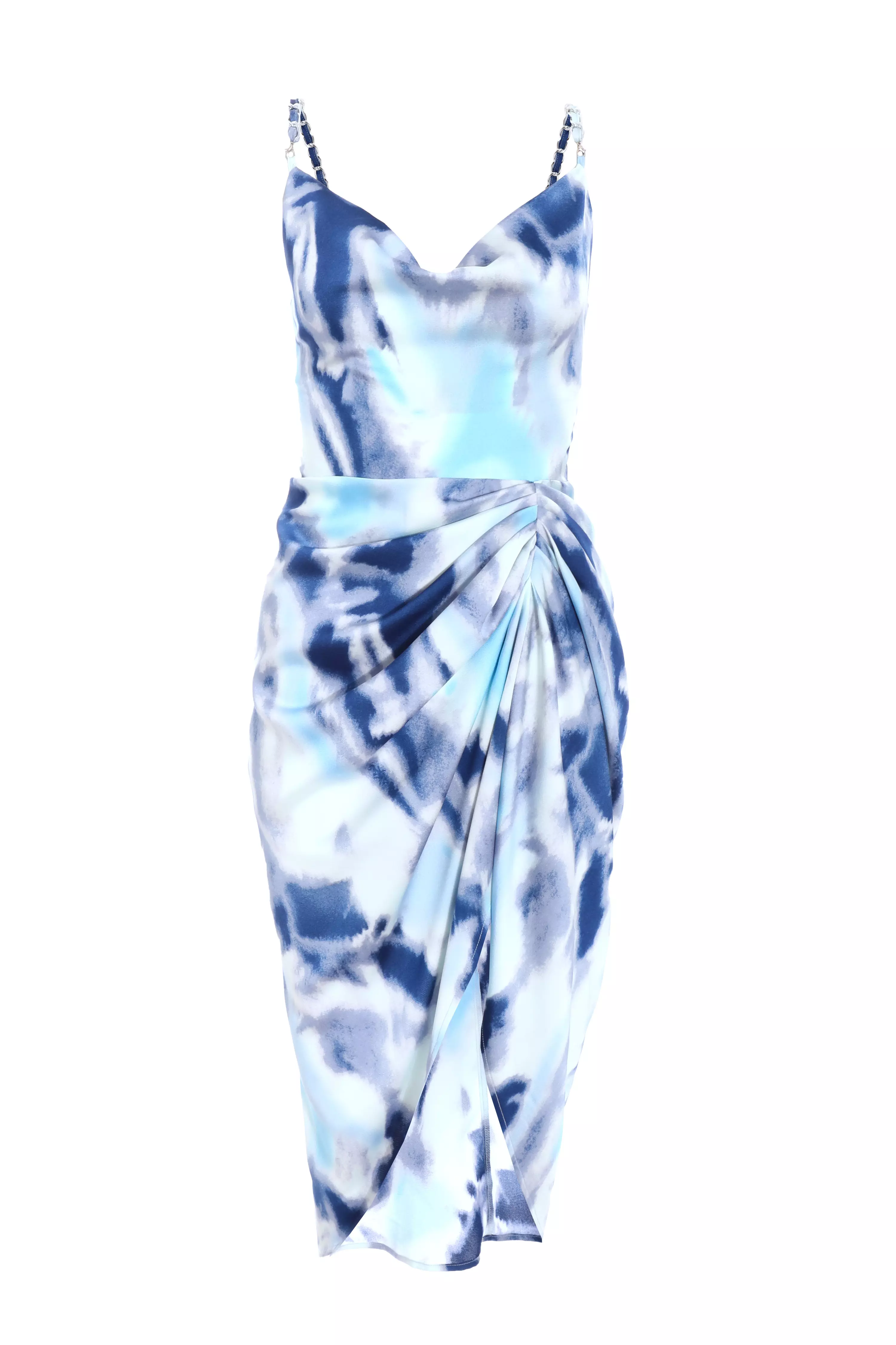 Petite Blue Marble Satin Ruched Midi Dress