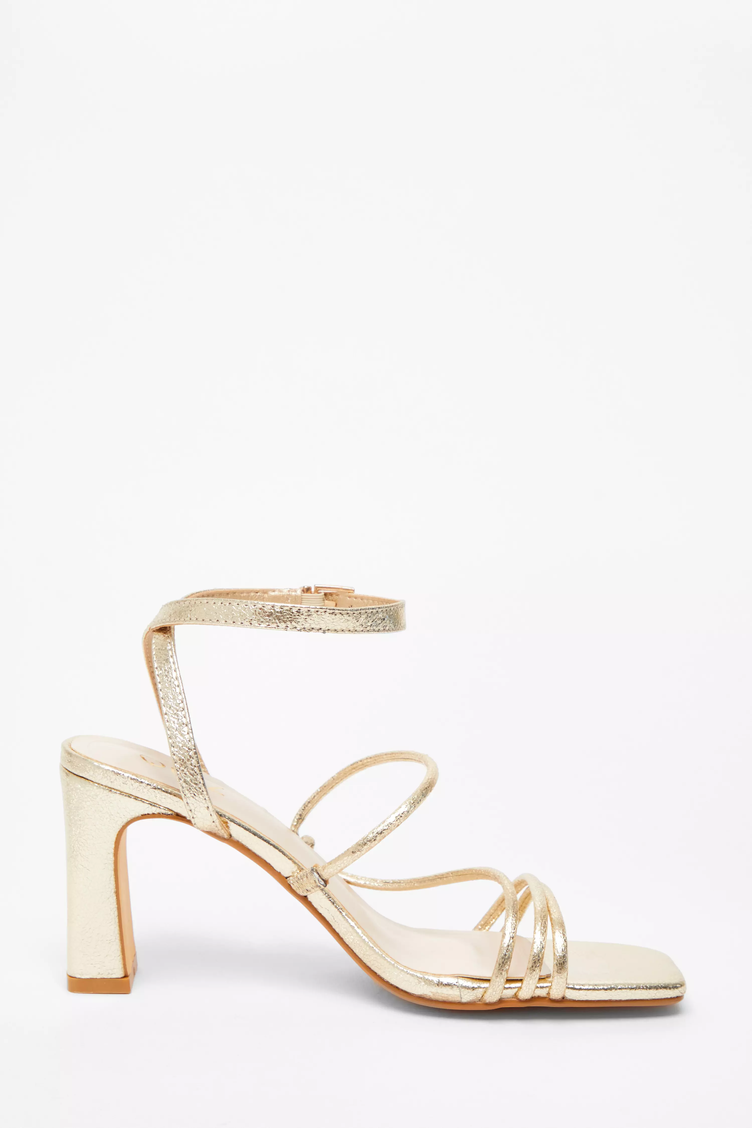 Gold Faux Leather Strappy Heeled Sandals