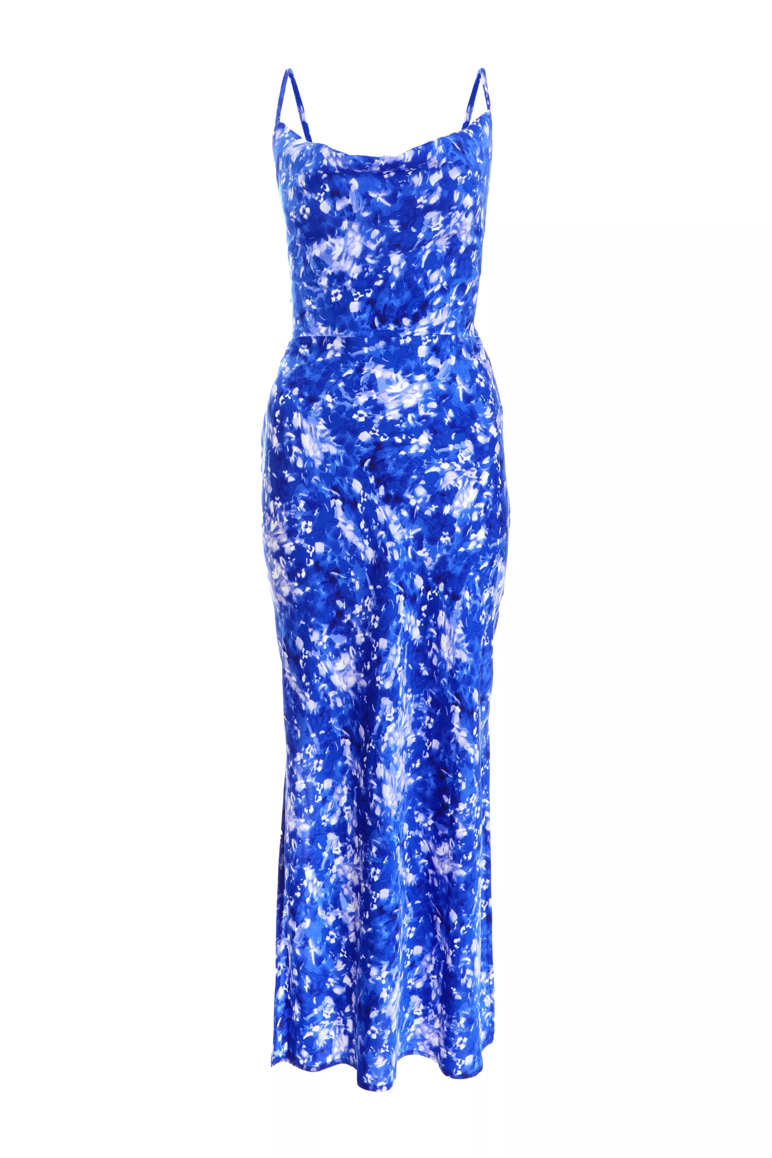 Blue Ditsy Floral Satin Midaxi Dress