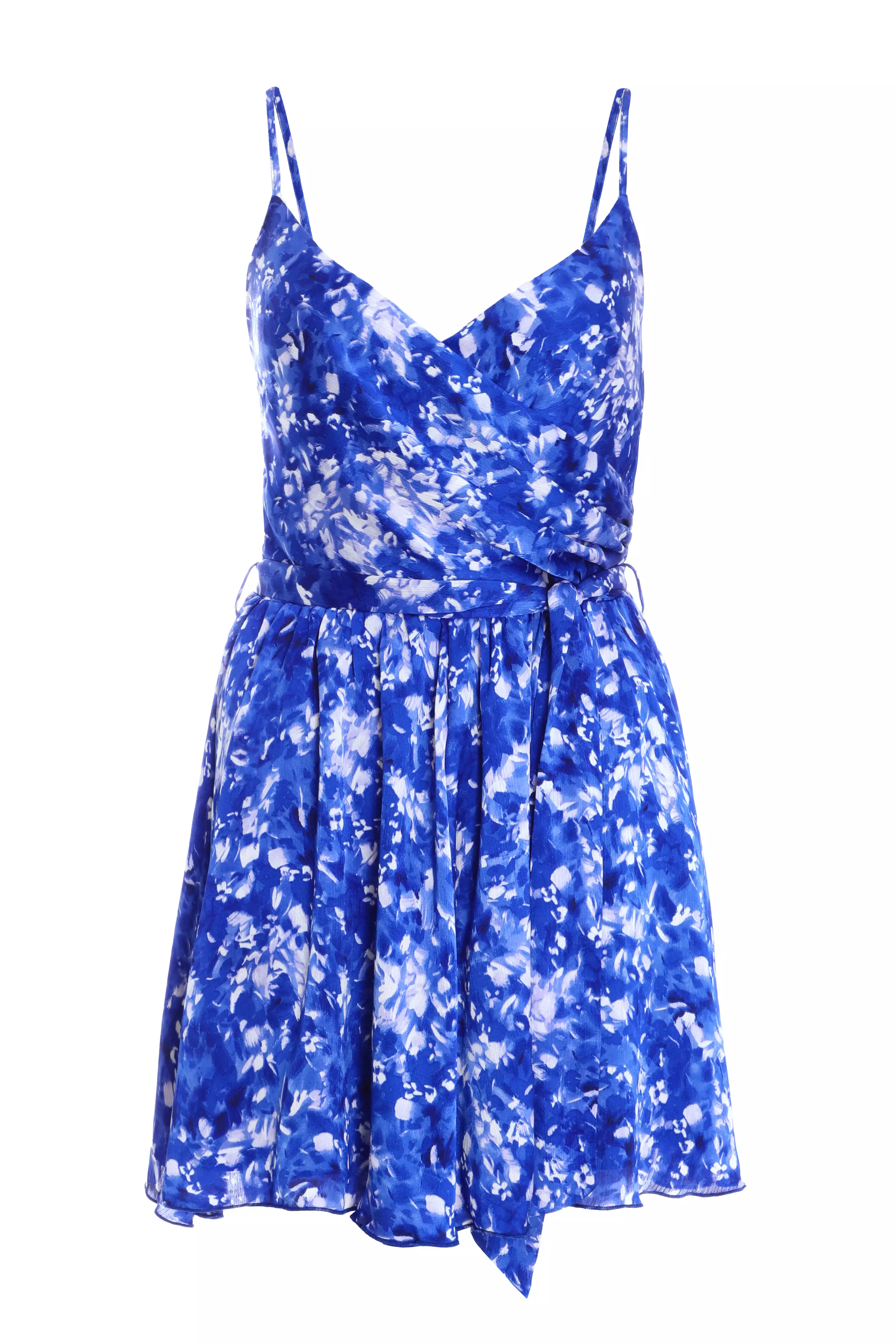 Blue Ditsy Floral Satin Wrap Playsuit