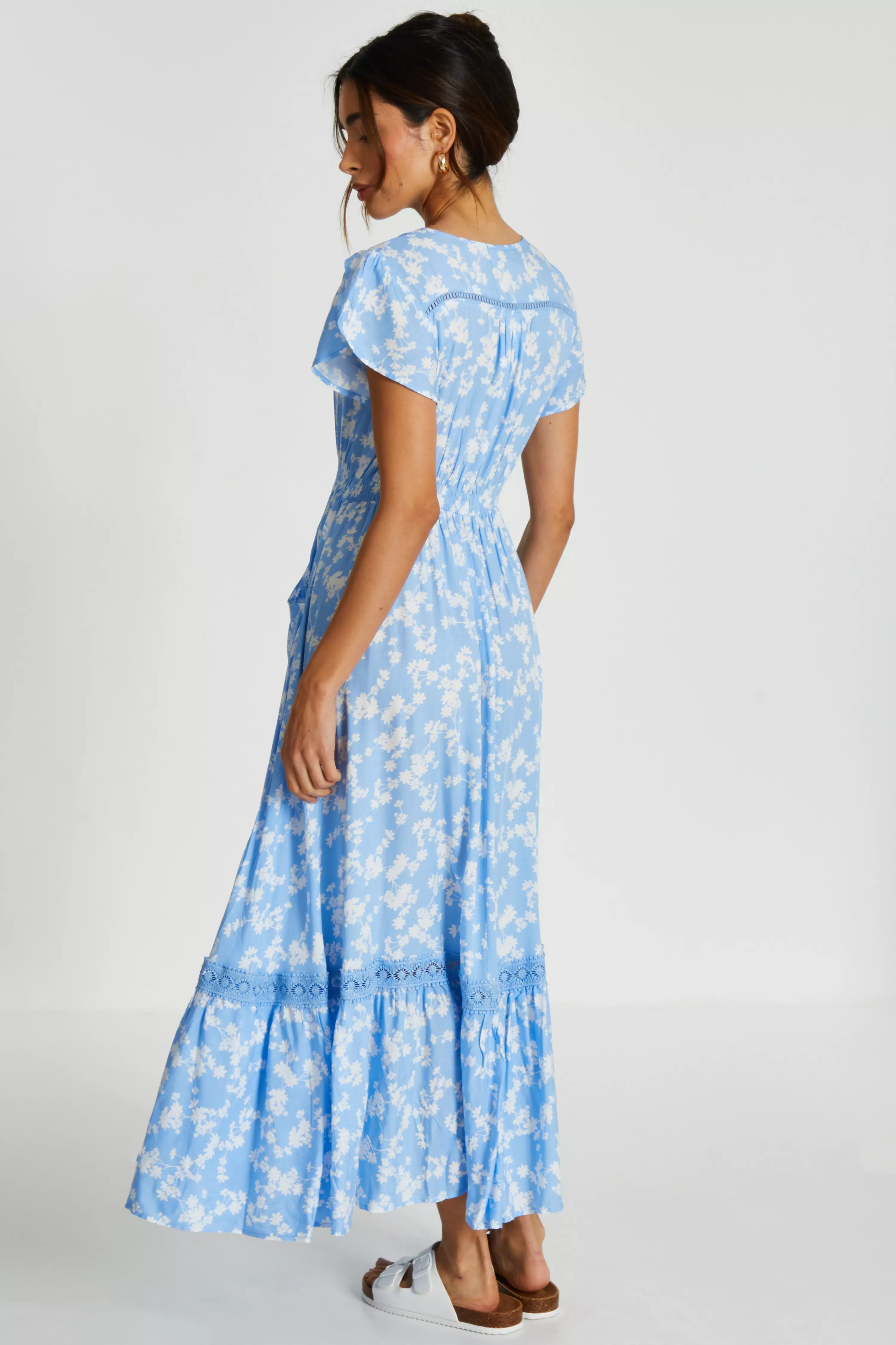 Blue Ditsy Floral Crochet Trim Maxi Dress