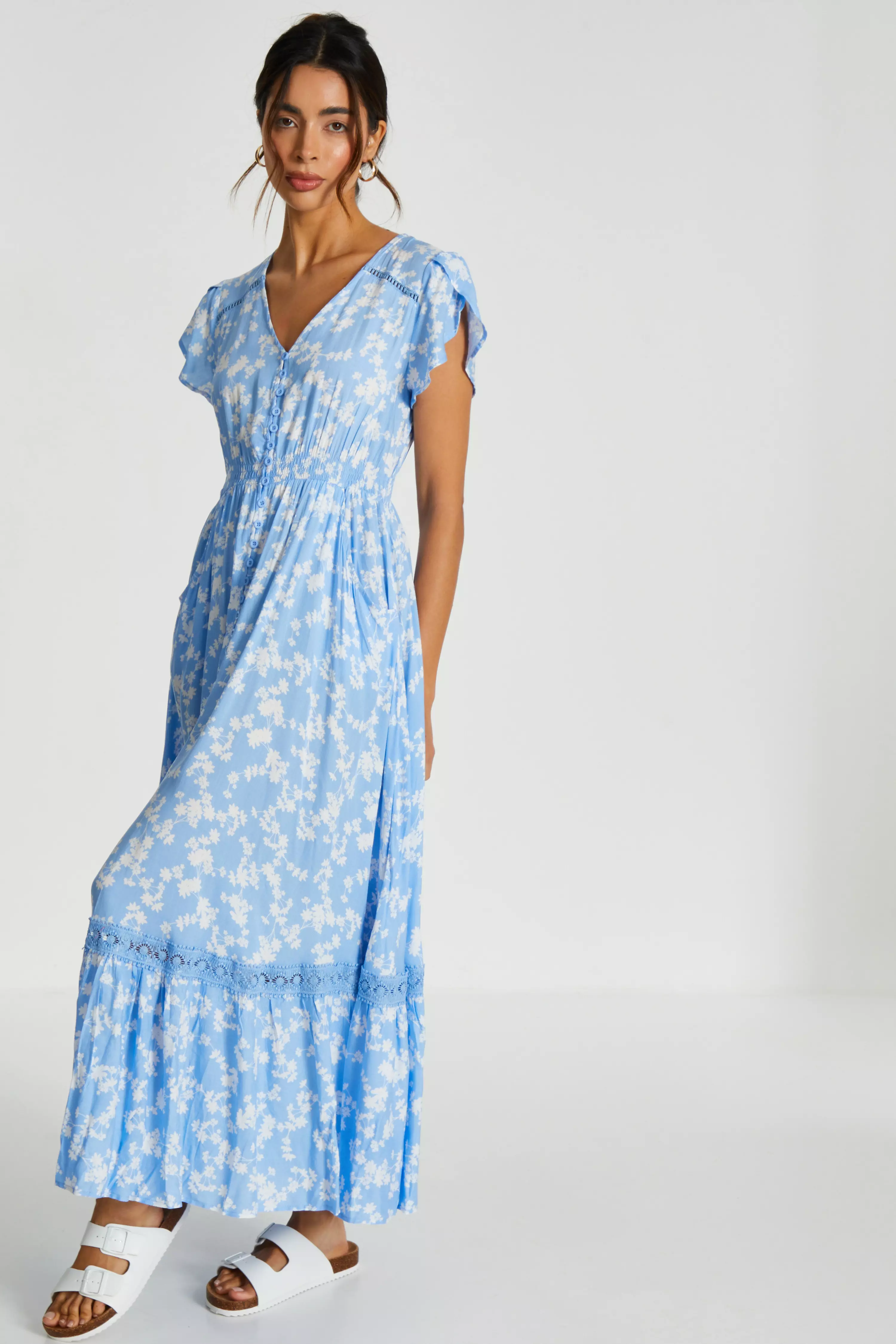 Blue Ditsy Floral Crochet Trim Maxi Dress