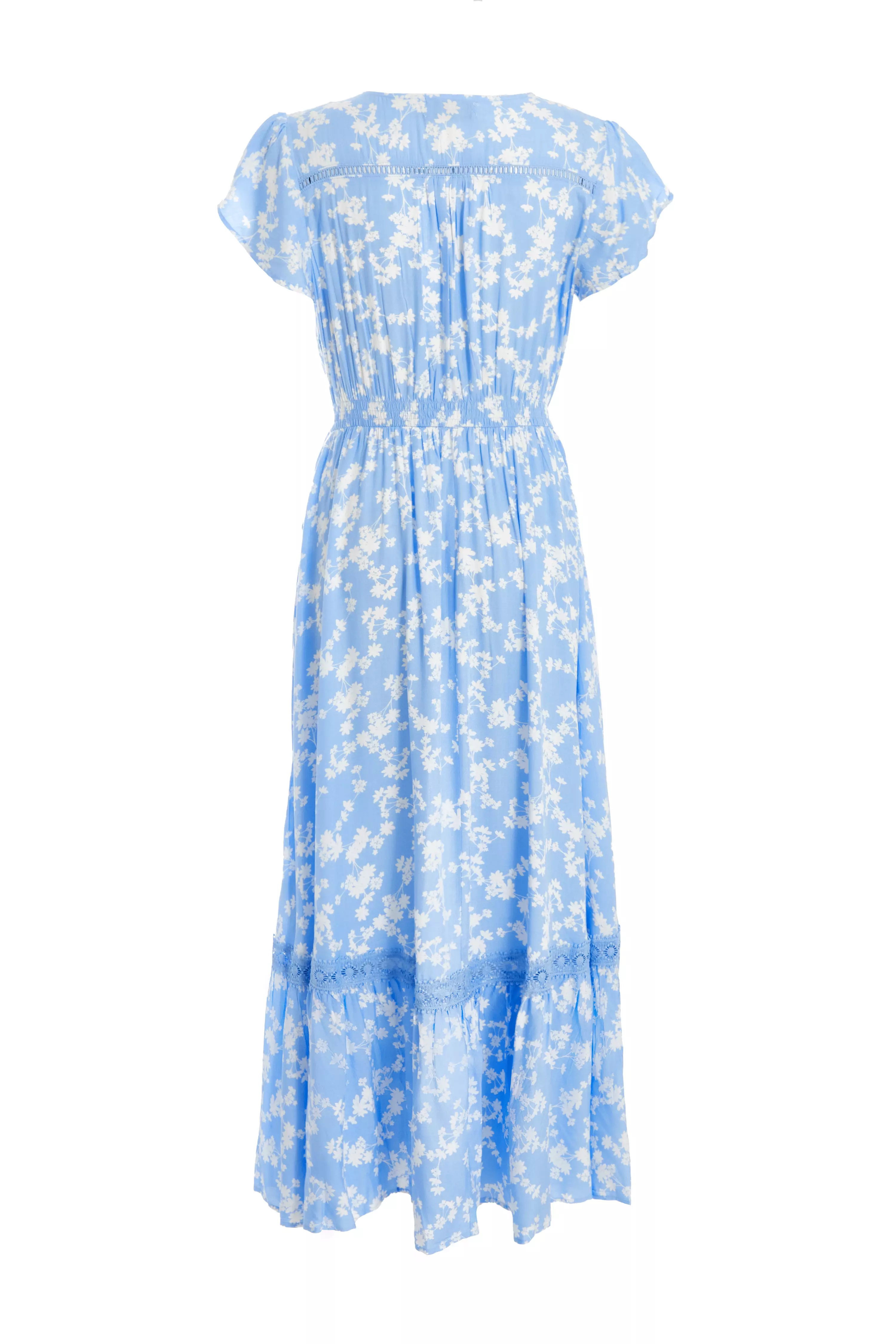 Blue Ditsy Floral Crochet Trim Maxi Dress