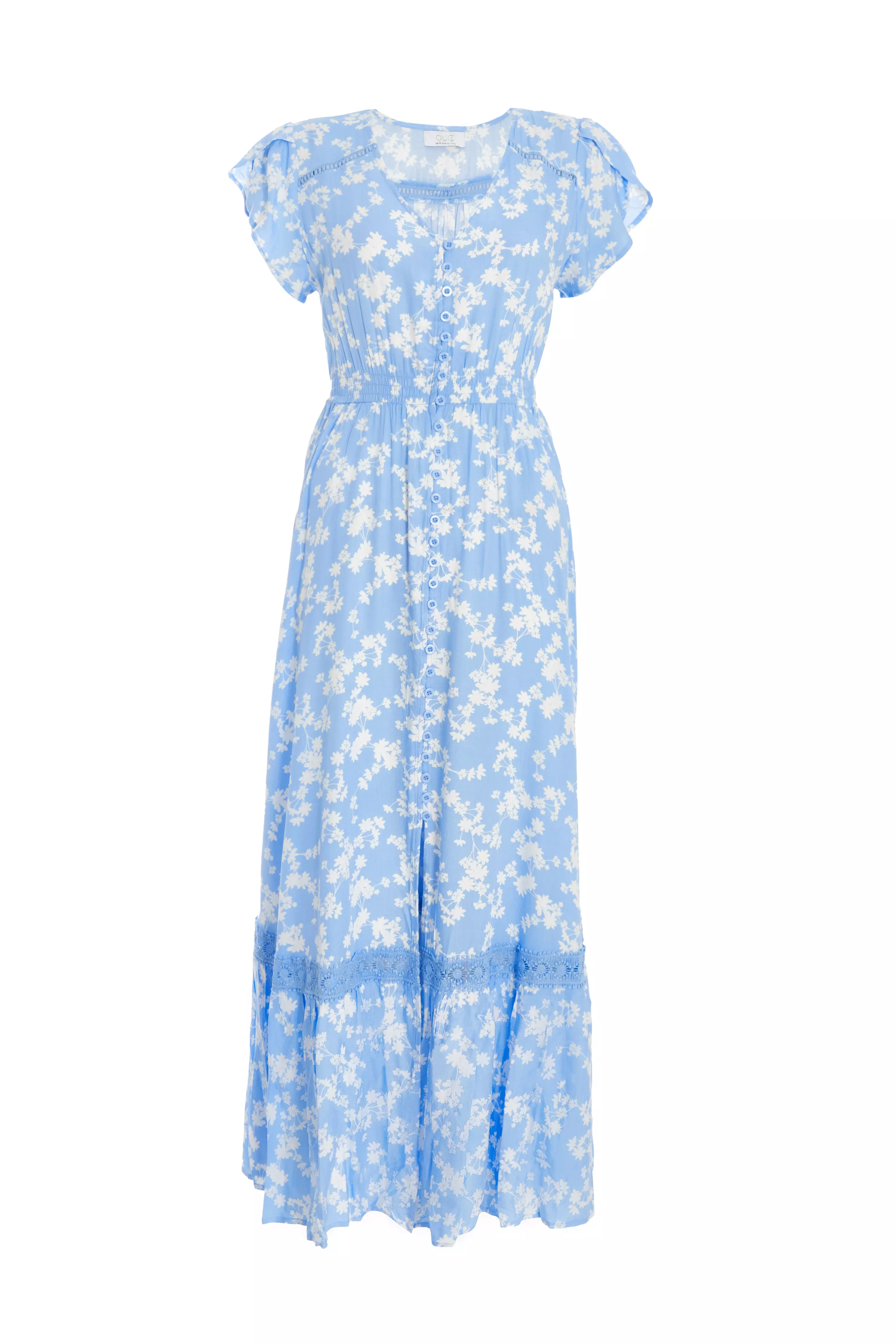 Blue Ditsy Floral Crochet Trim Maxi Dress