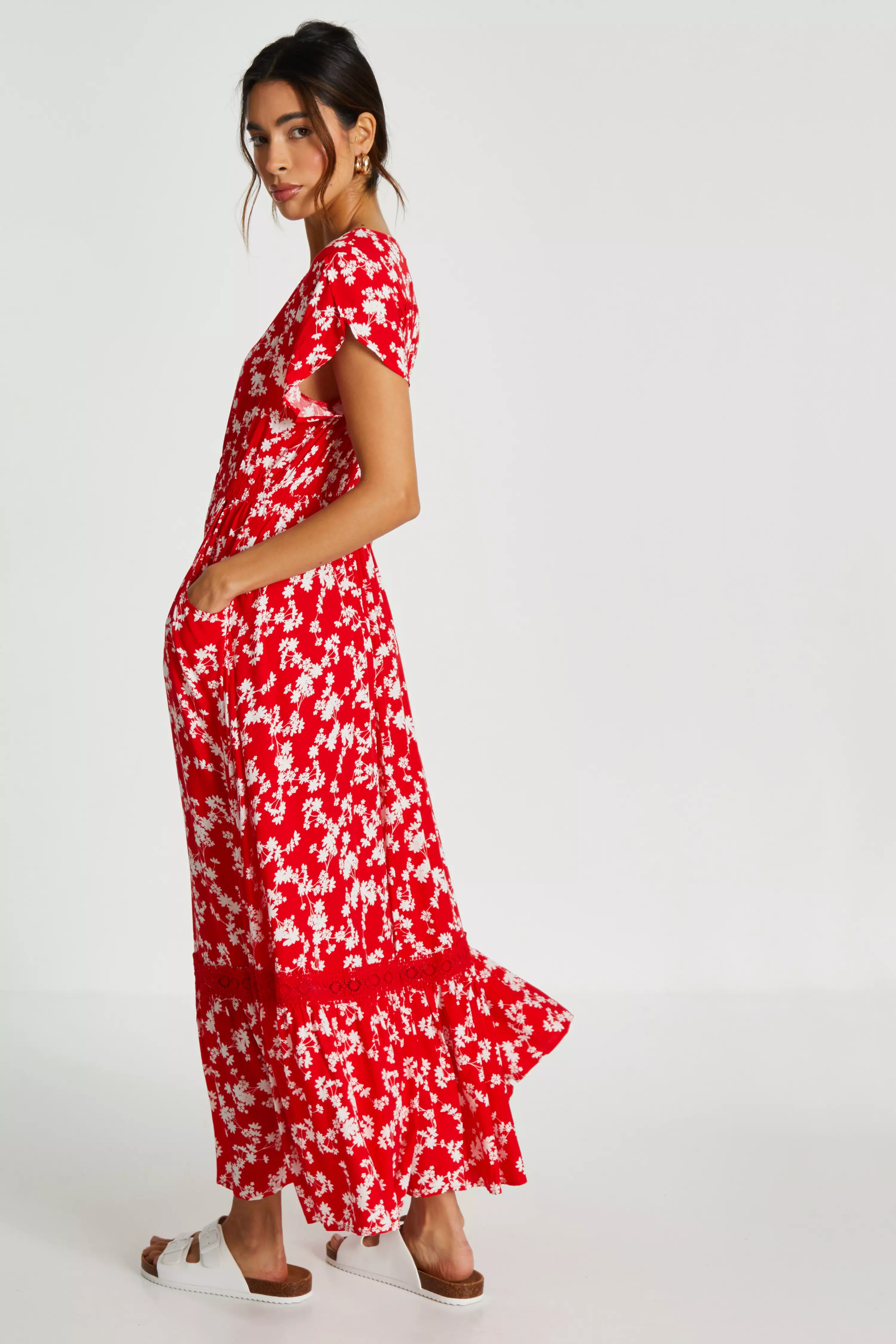 Red Ditsy Floral Crochet Trim Maxi Dress