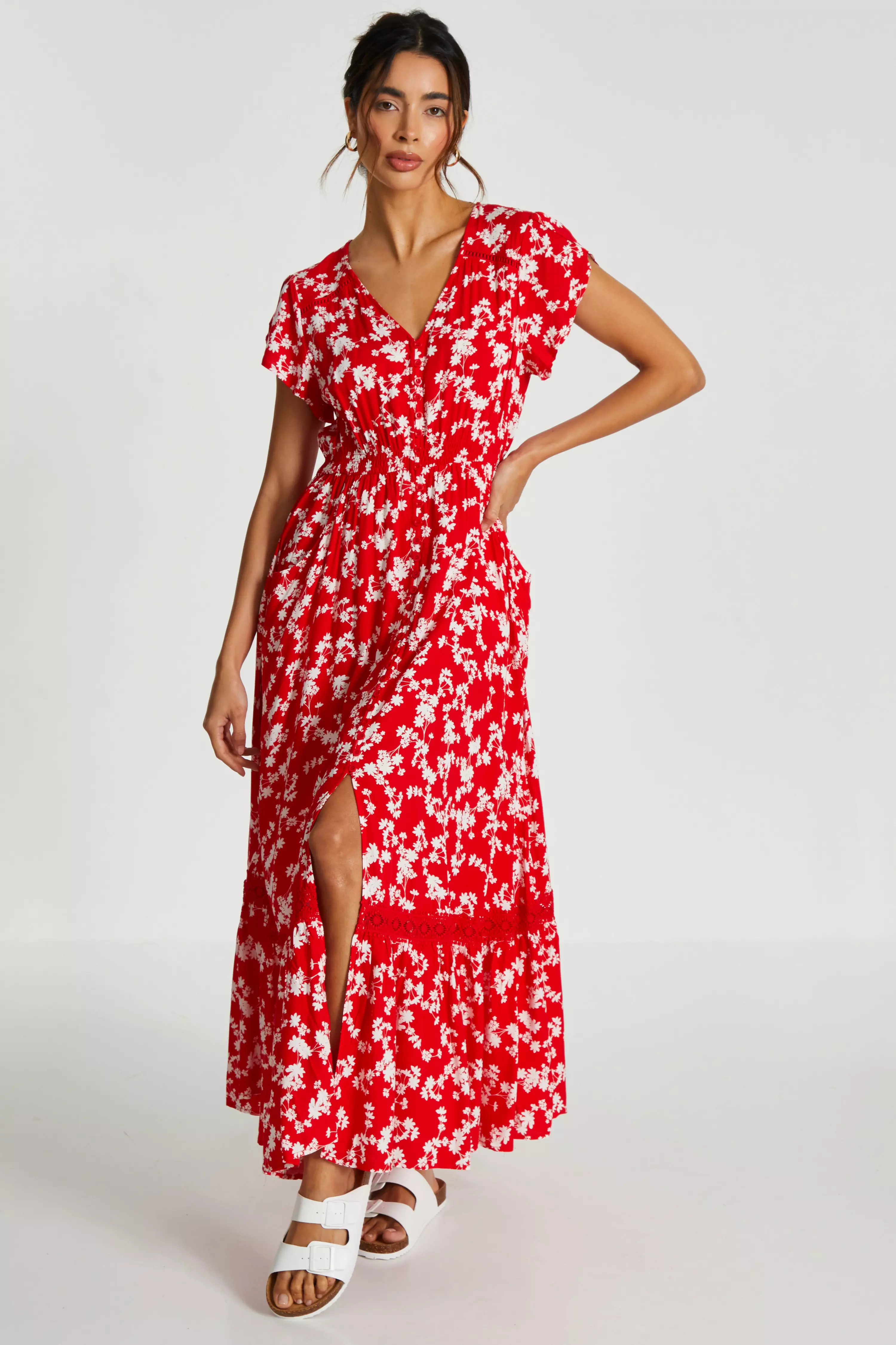 Red Ditsy Floral Crochet Trim Maxi Dress
