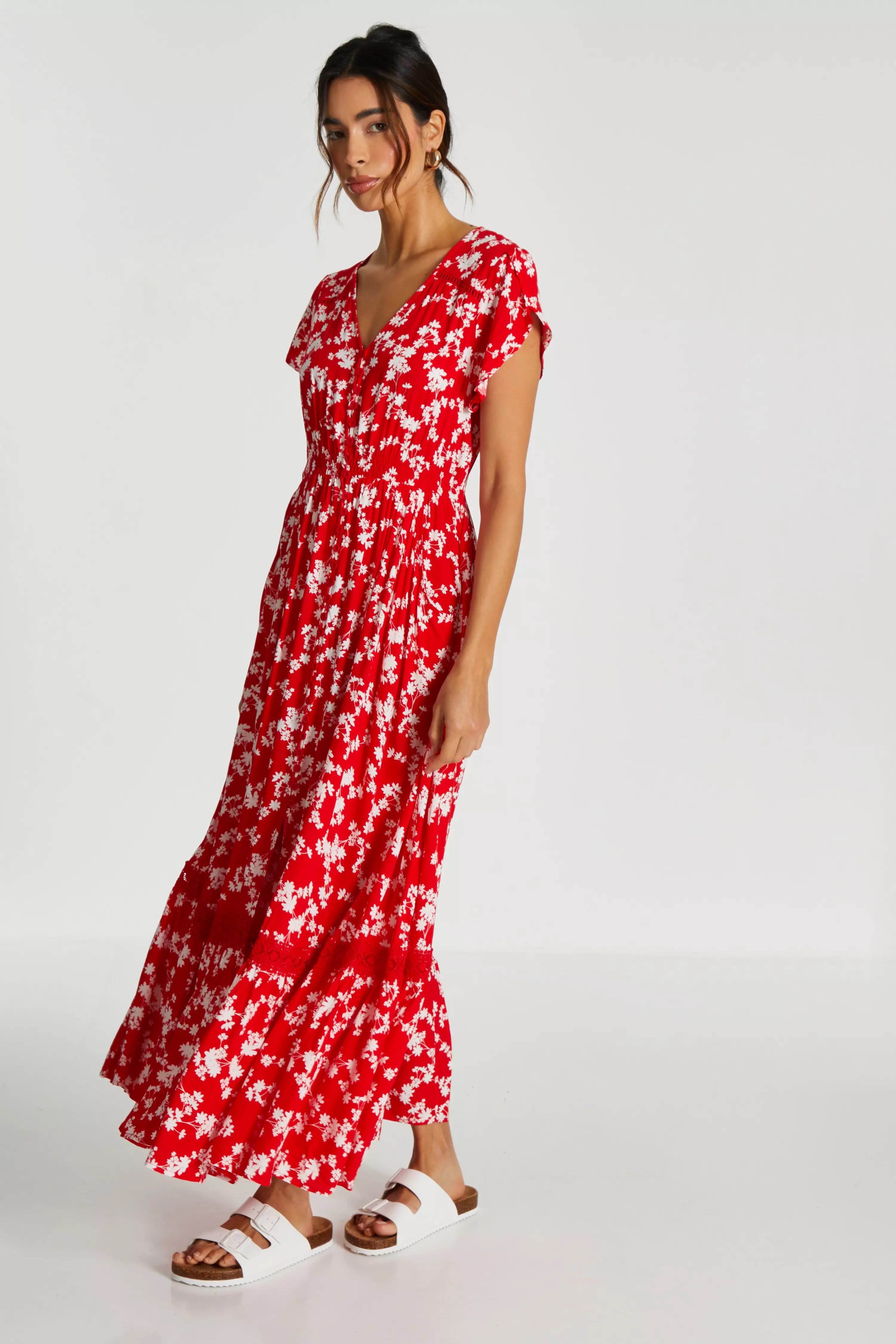 Red Ditsy Floral Crochet Trim Maxi Dress