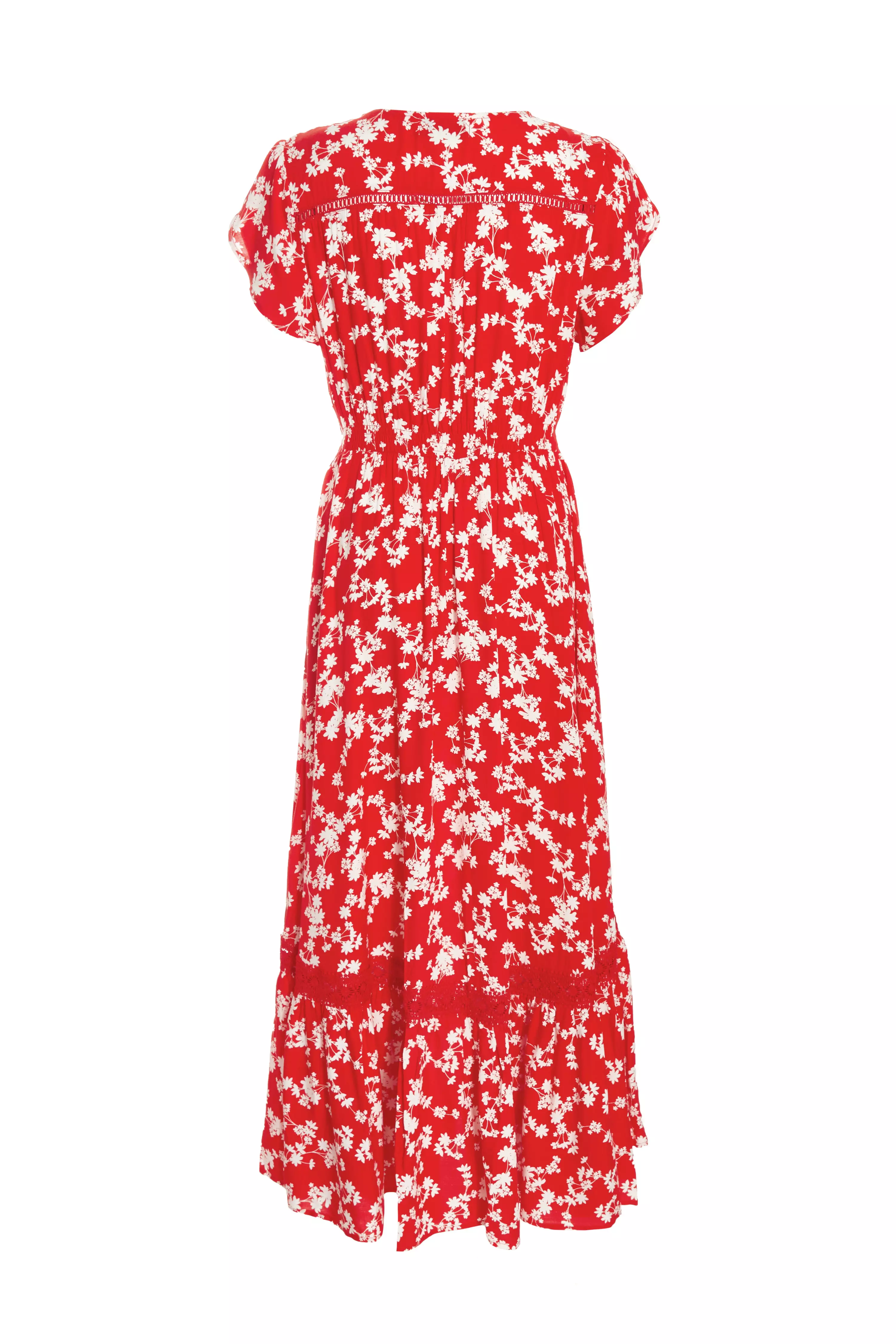 Red Ditsy Floral Crochet Trim Maxi Dress