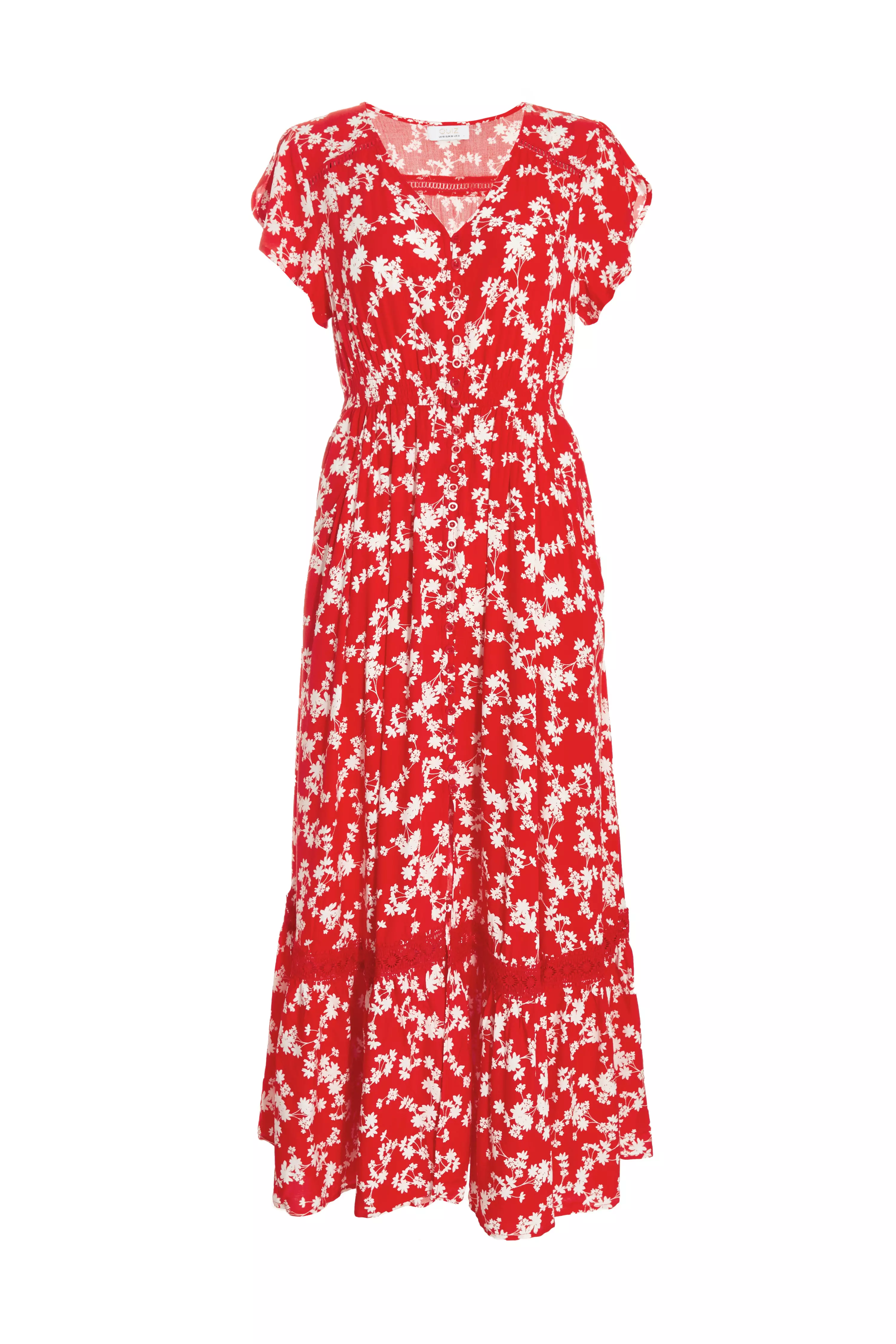 Red Ditsy Floral Crochet Trim Maxi Dress