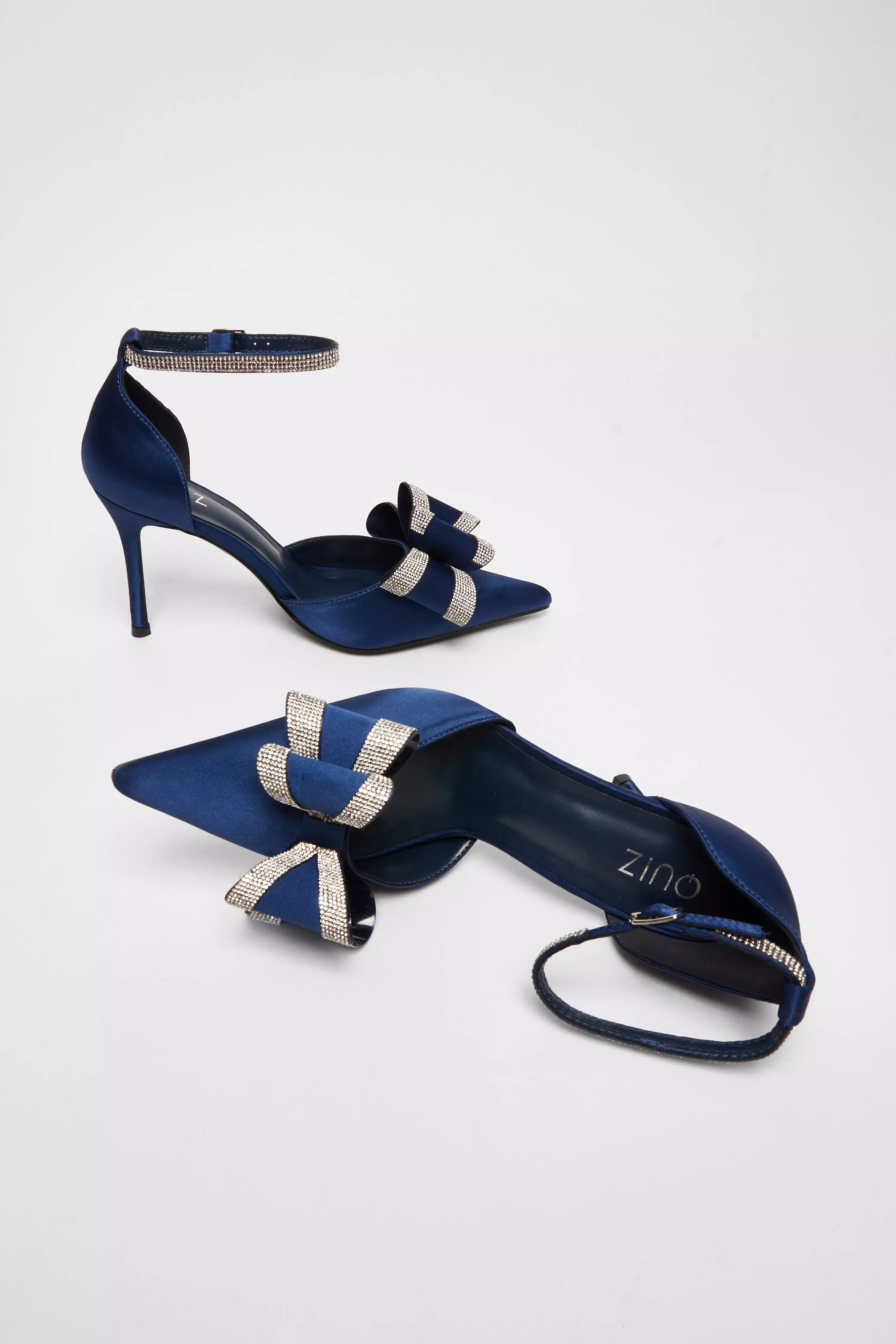 Navy Satin Diamante Bow Court Heels