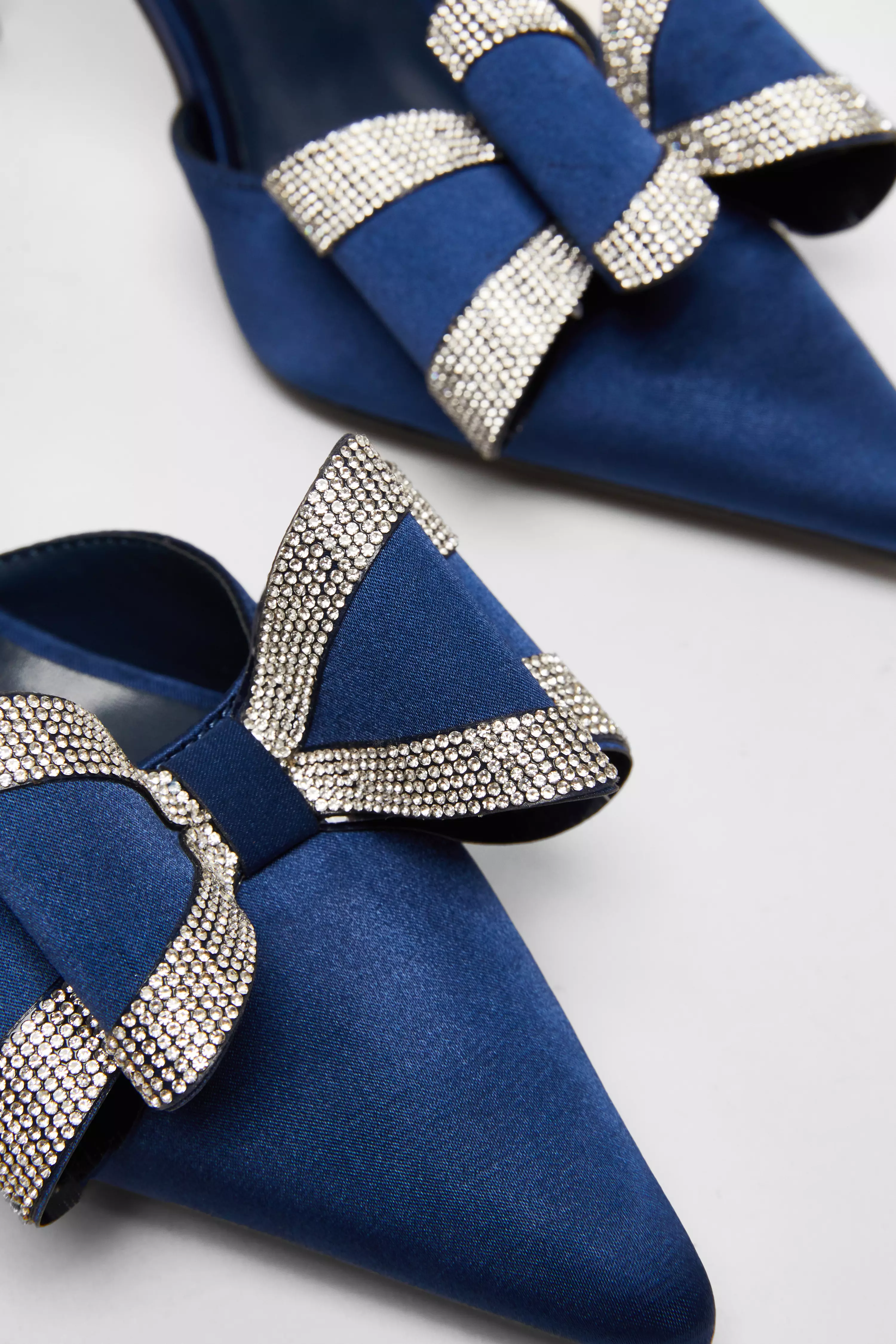 Navy Satin Diamante Bow Court Heels