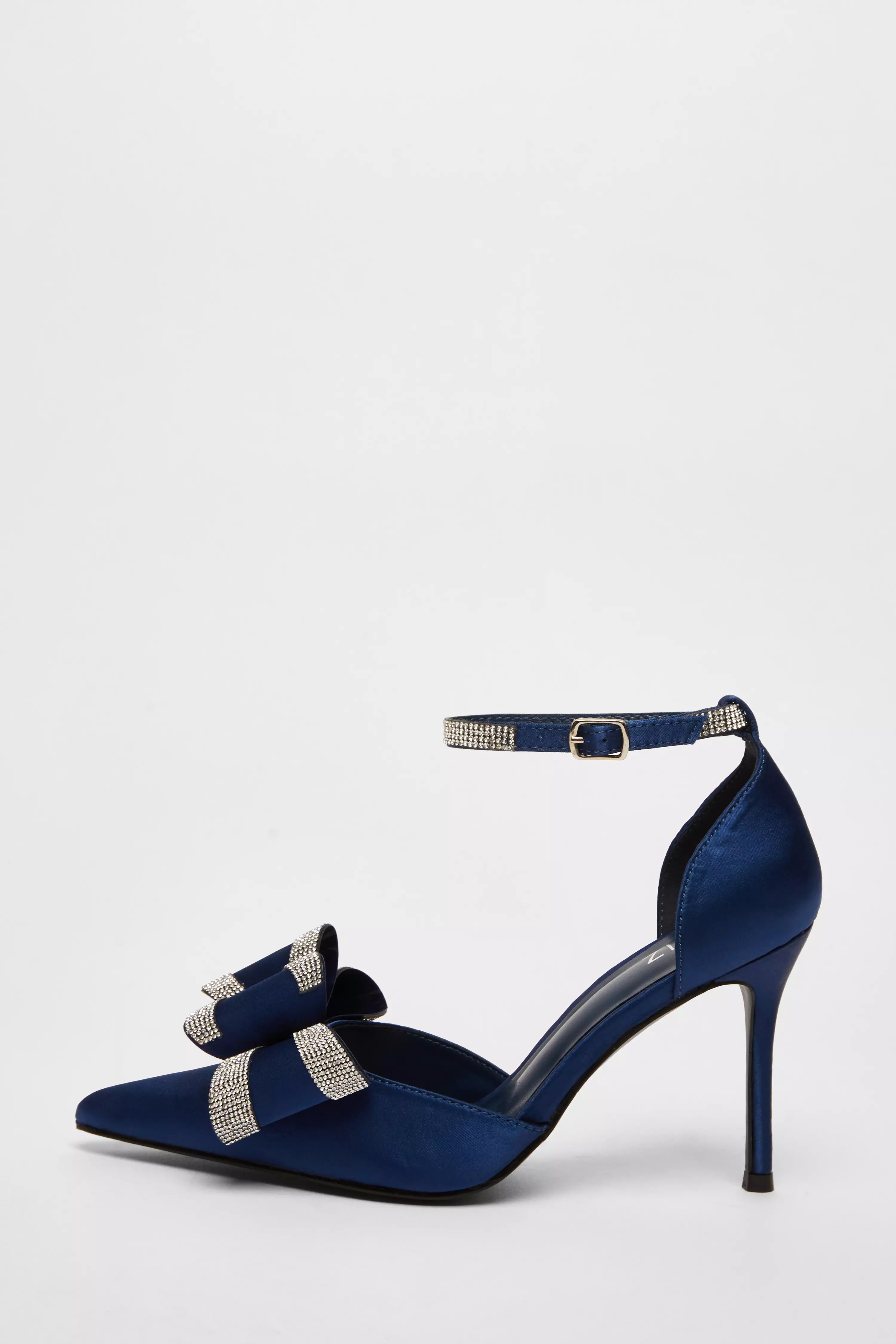 Navy Satin Diamante Bow Court Heels