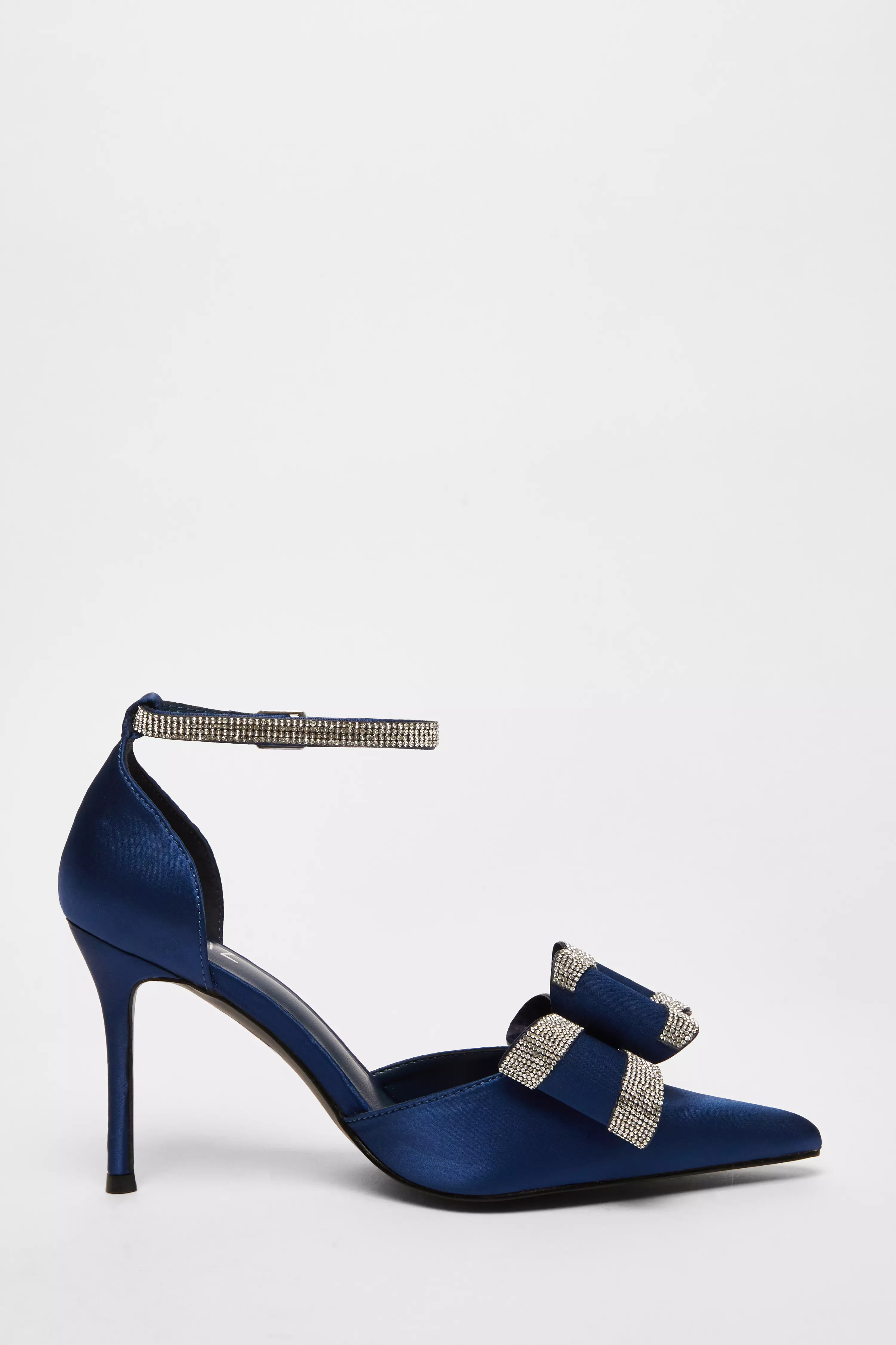 Navy Satin Diamante Bow Court Heels