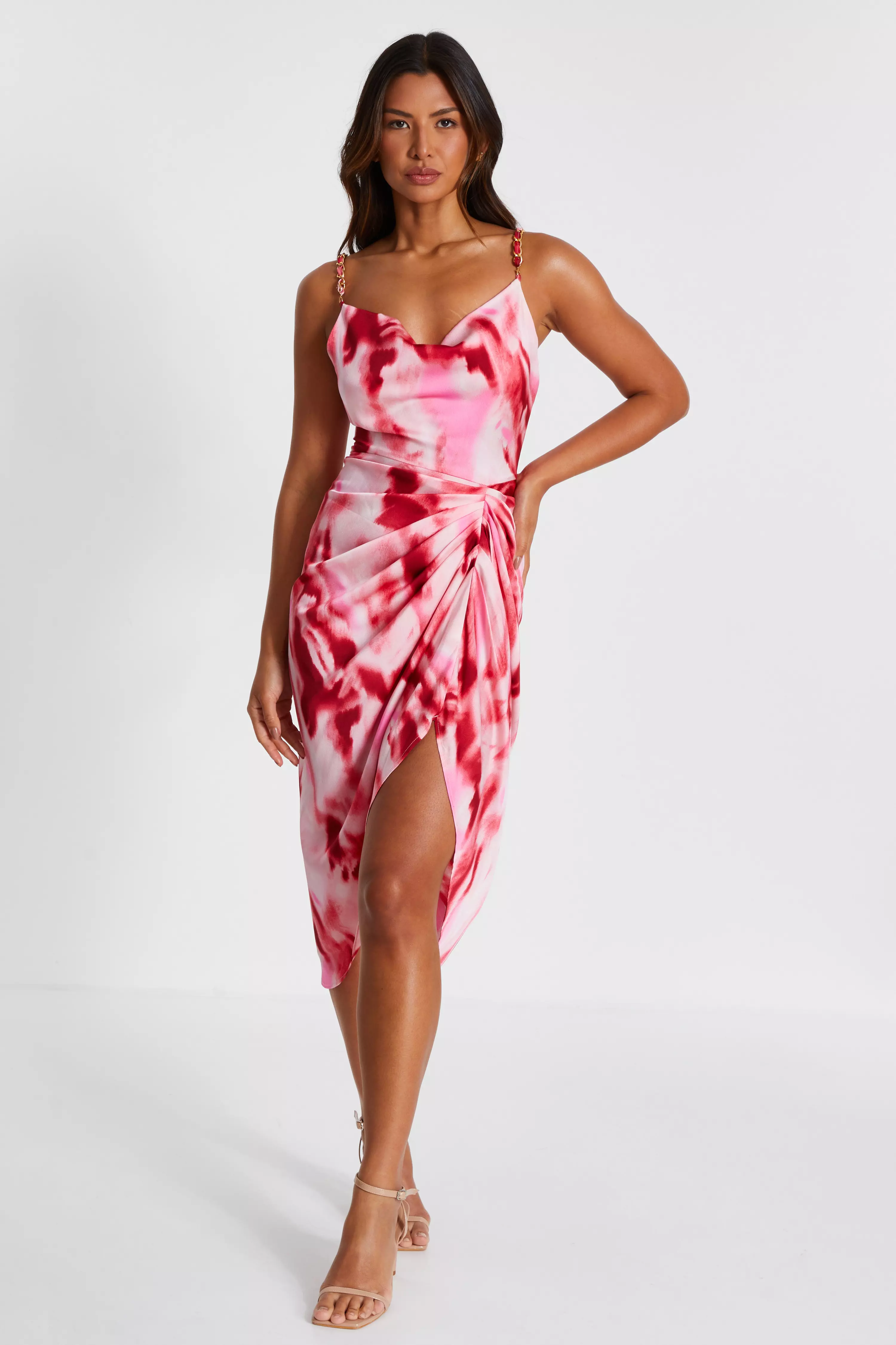 Pink Marble Satin Ruched Midi Dress