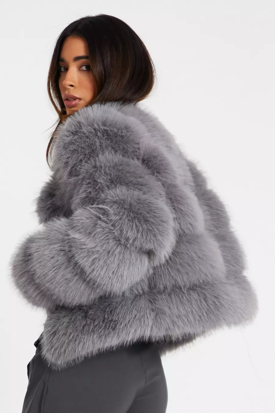 Cropped grey fur jacket hotsell