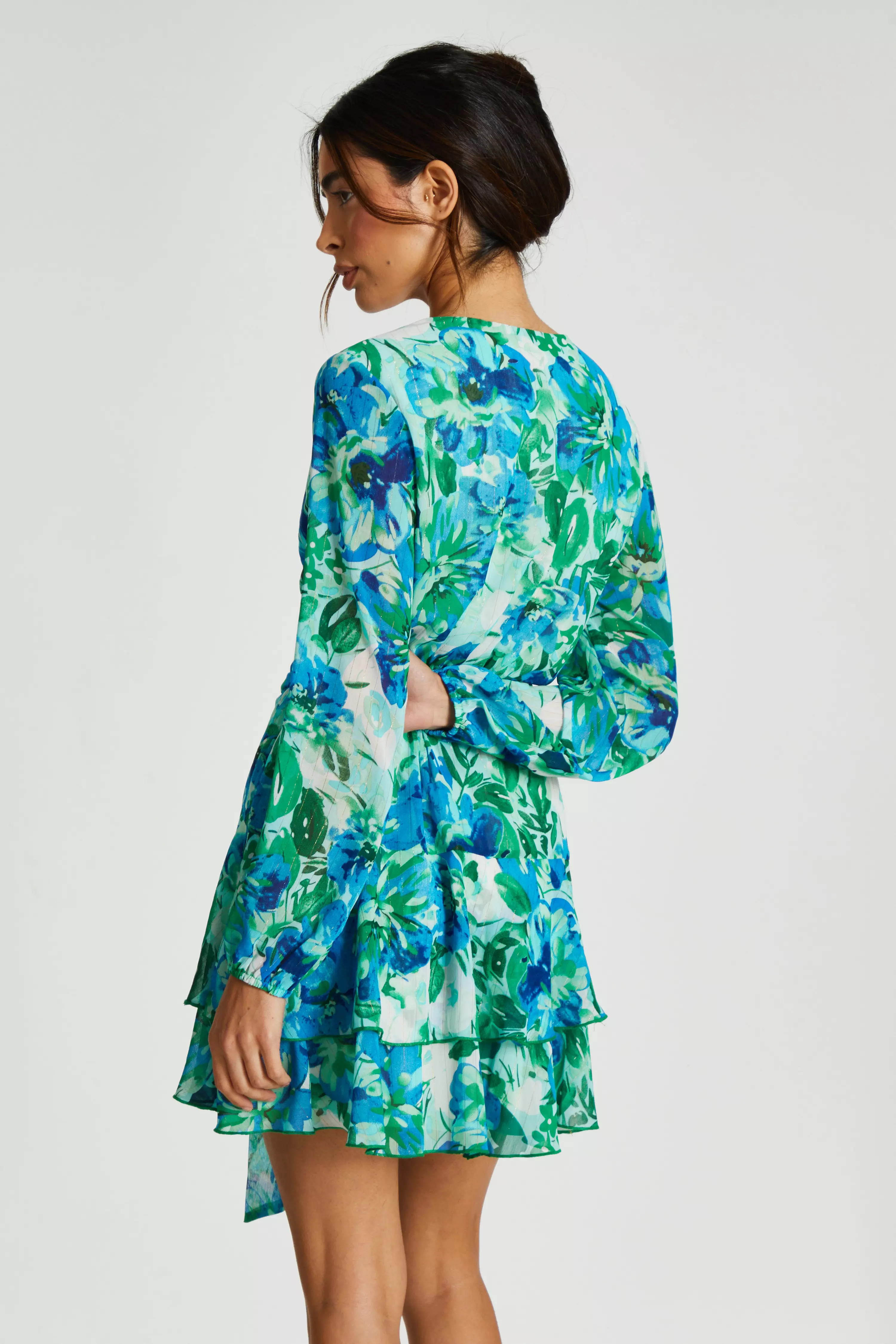 Green Floral Wrap Chiffon Skater Dress