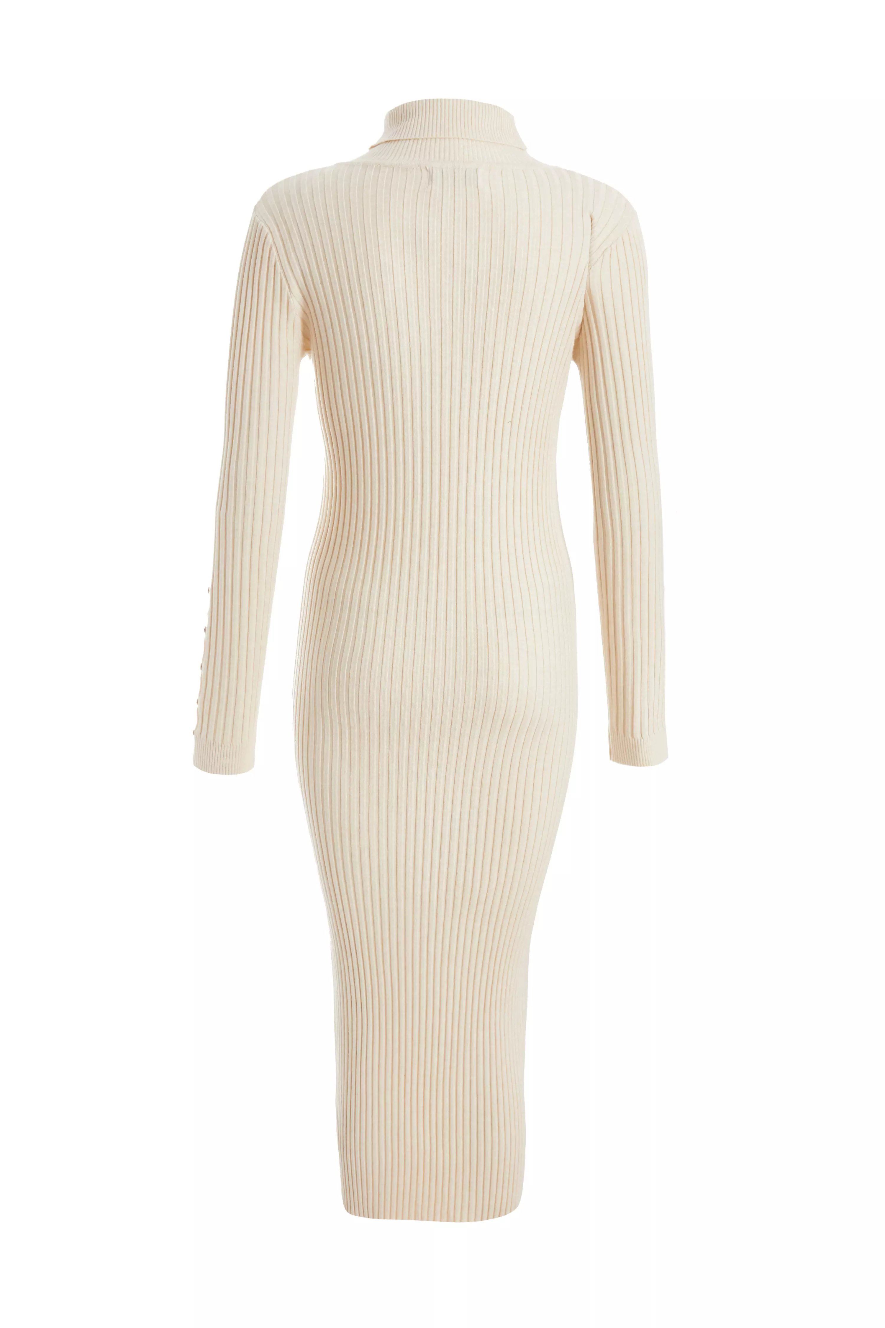 Cream Ribbed Knit Jumper Dress