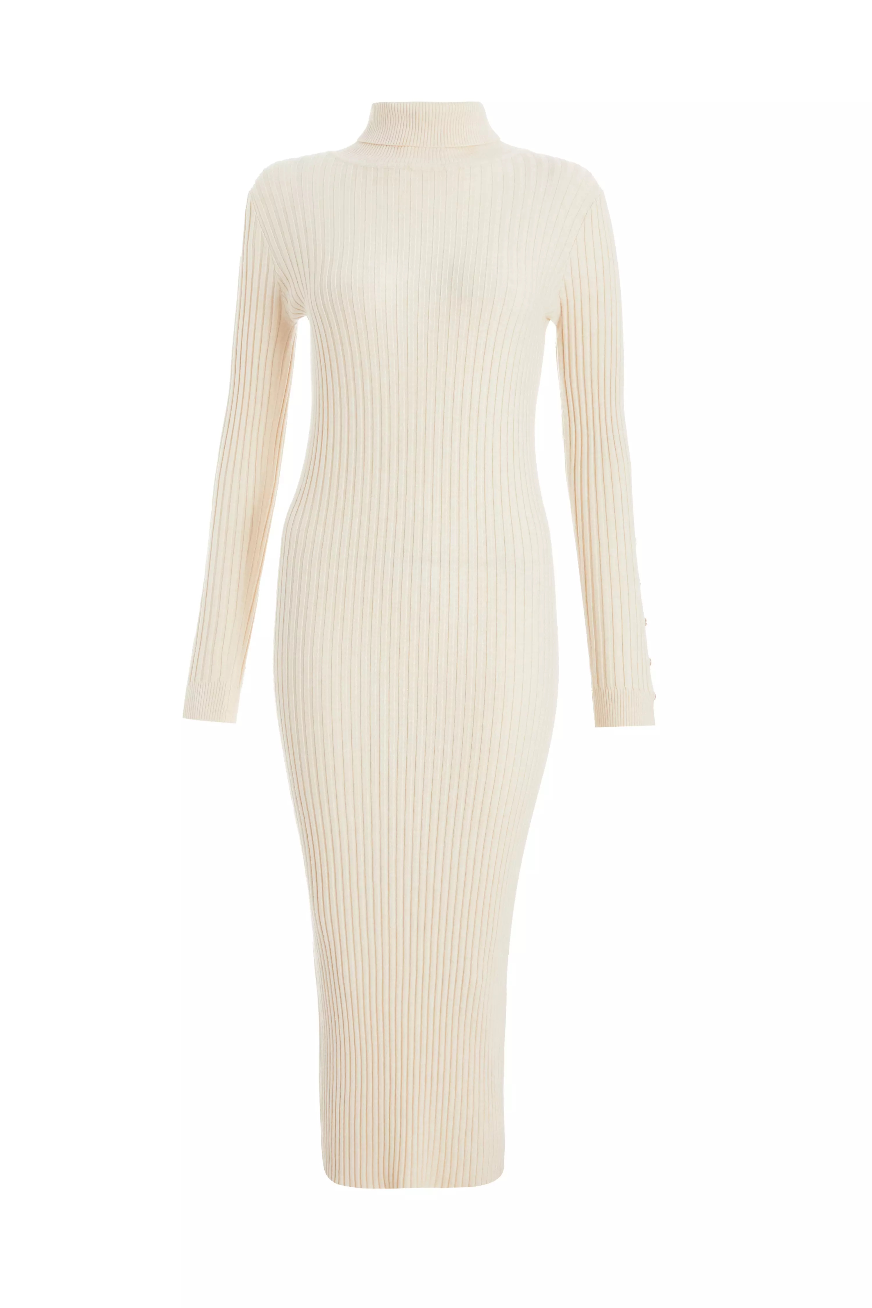 Cream Ribbed Knit Jumper Dress