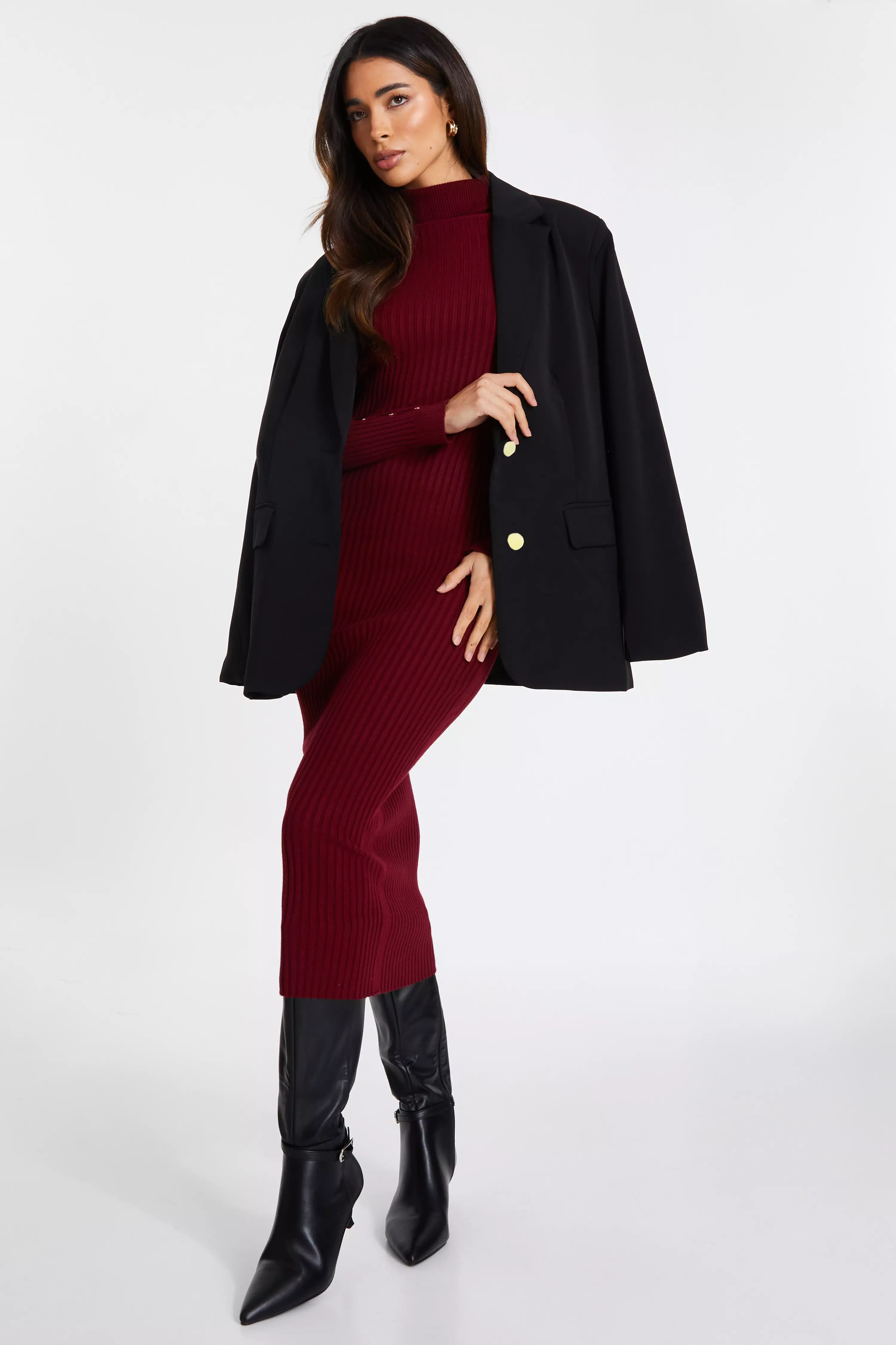 Dark Red Ribbed Knit Jumper Dress