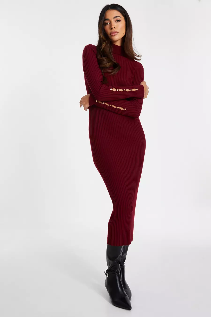 Dark Red Ribbed Knit Jumper Dress QUIZ Clothing