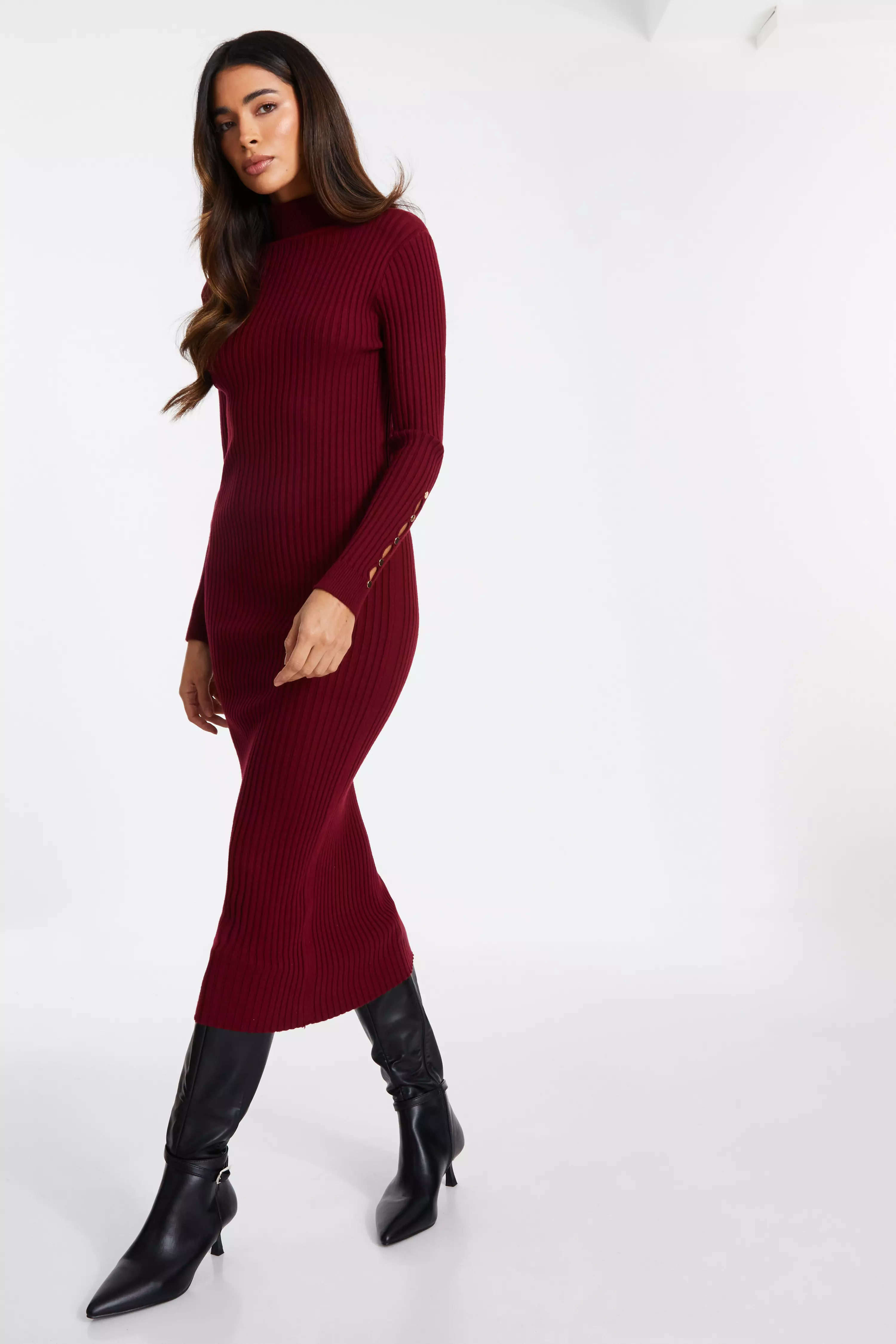 Dark Red Ribbed Knit Jumper Dress