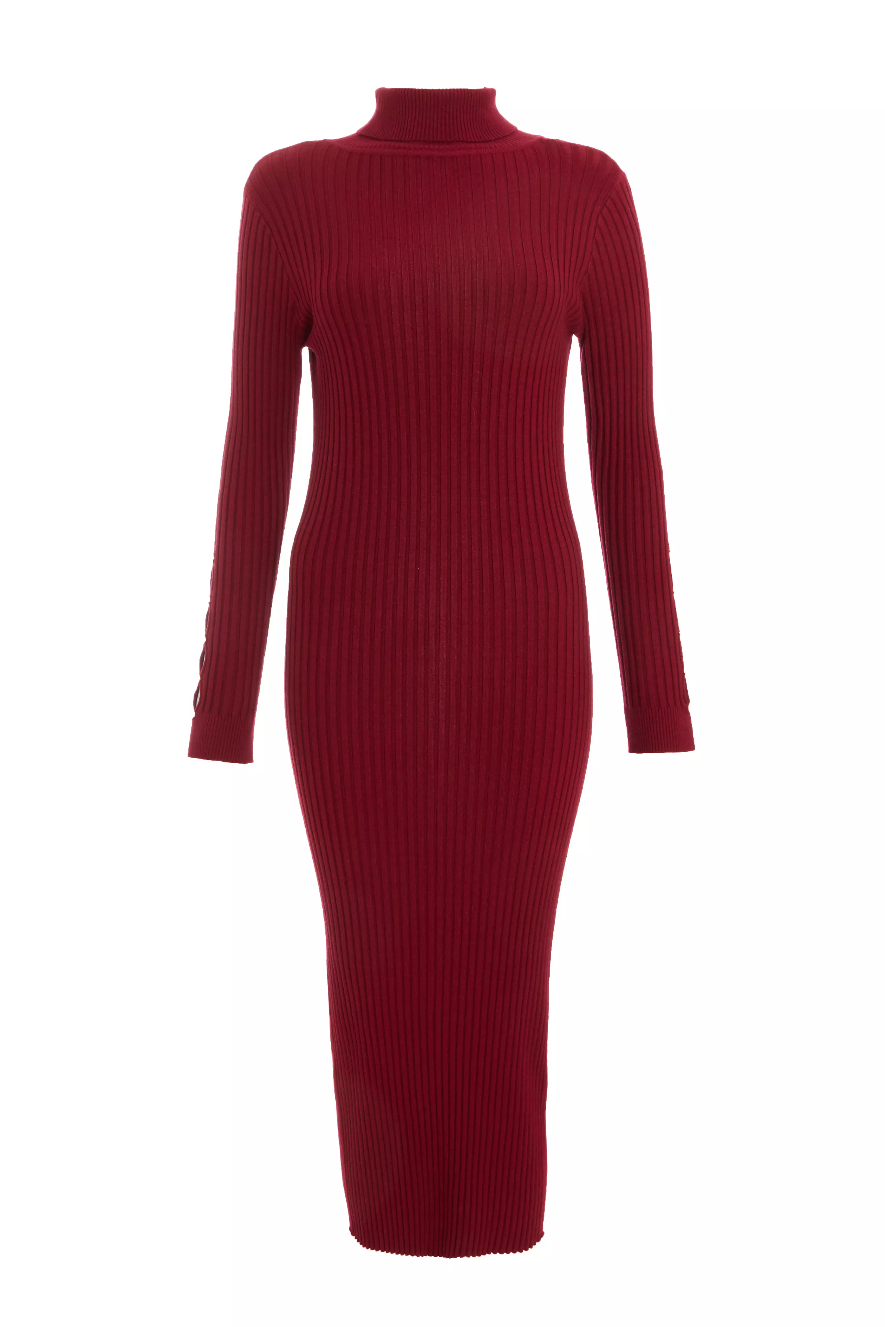 Dark Red Ribbed Knit Jumper Dress