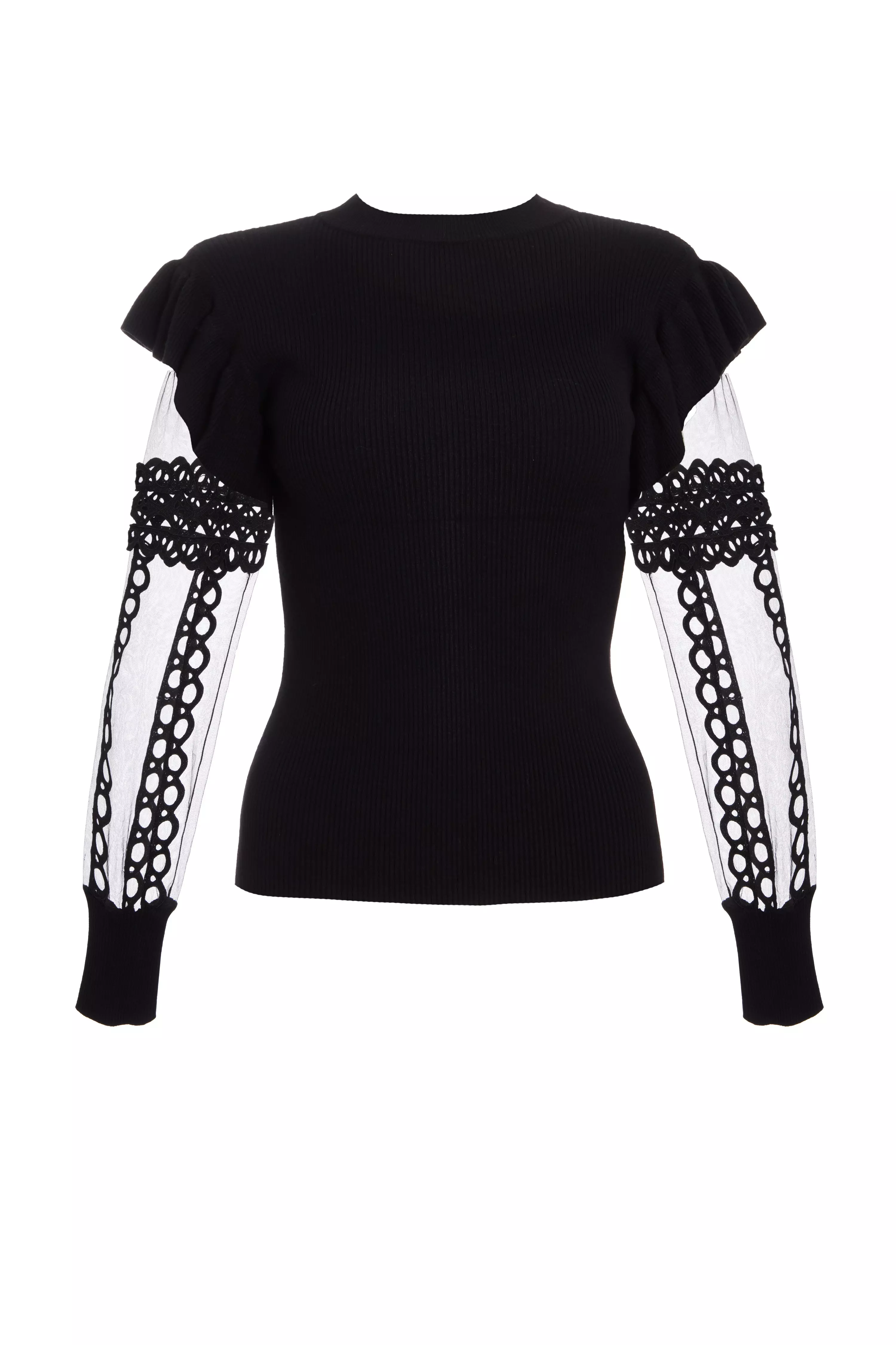 Black Knit Mesh Sleeve Jumper