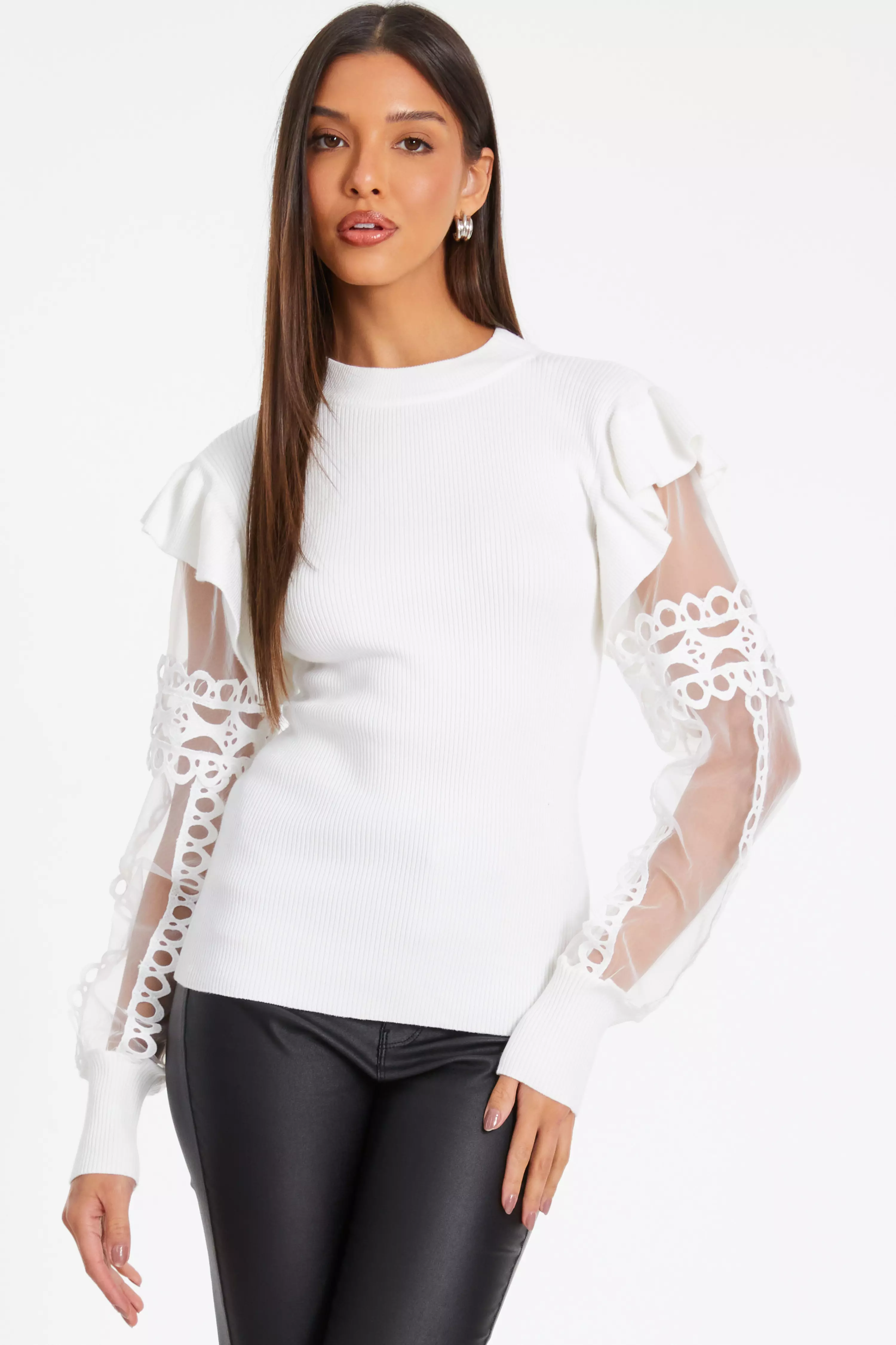 Cream Knit Mesh Sleeve Jumper