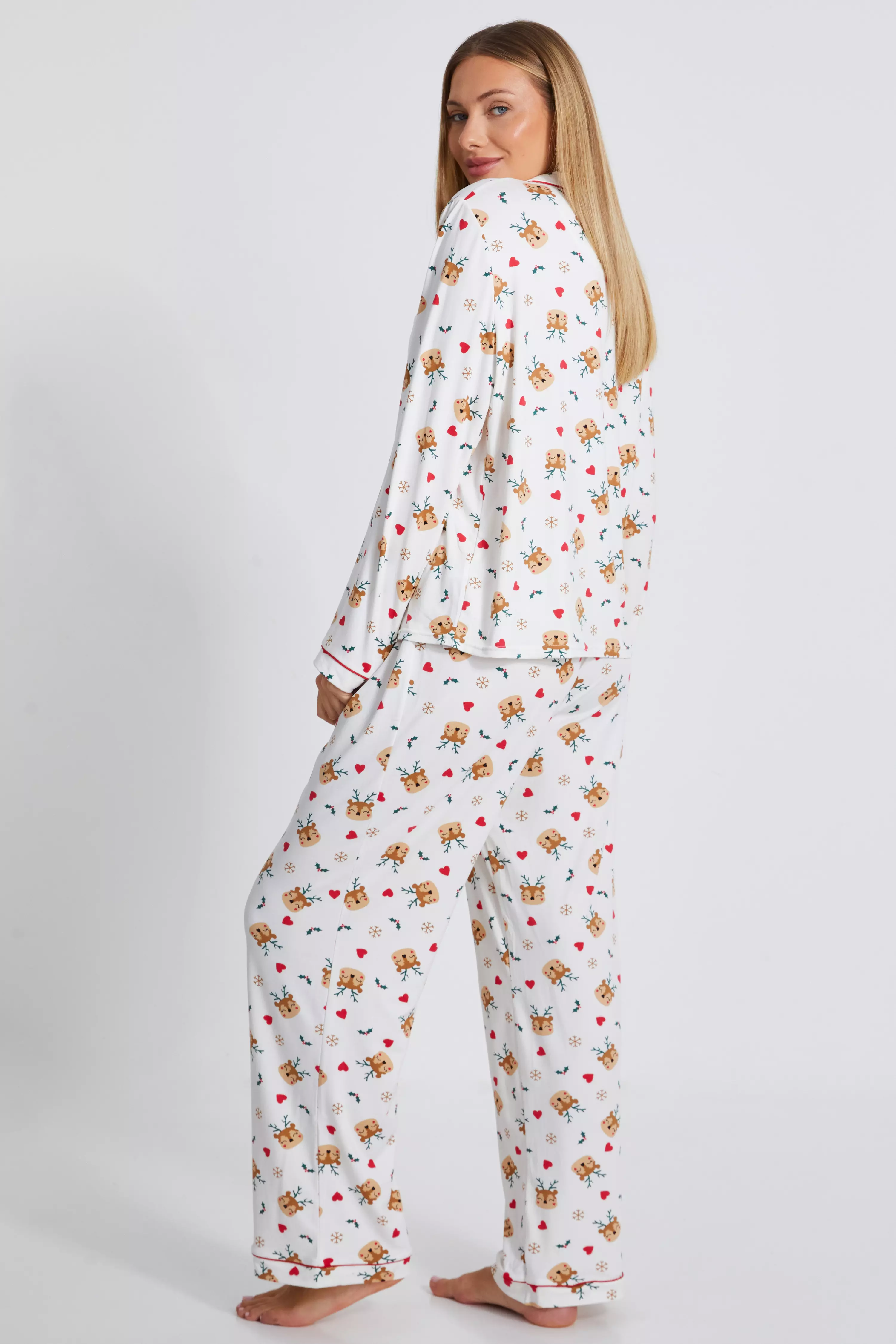 Cream Reindeer Print Long Pyjama Set