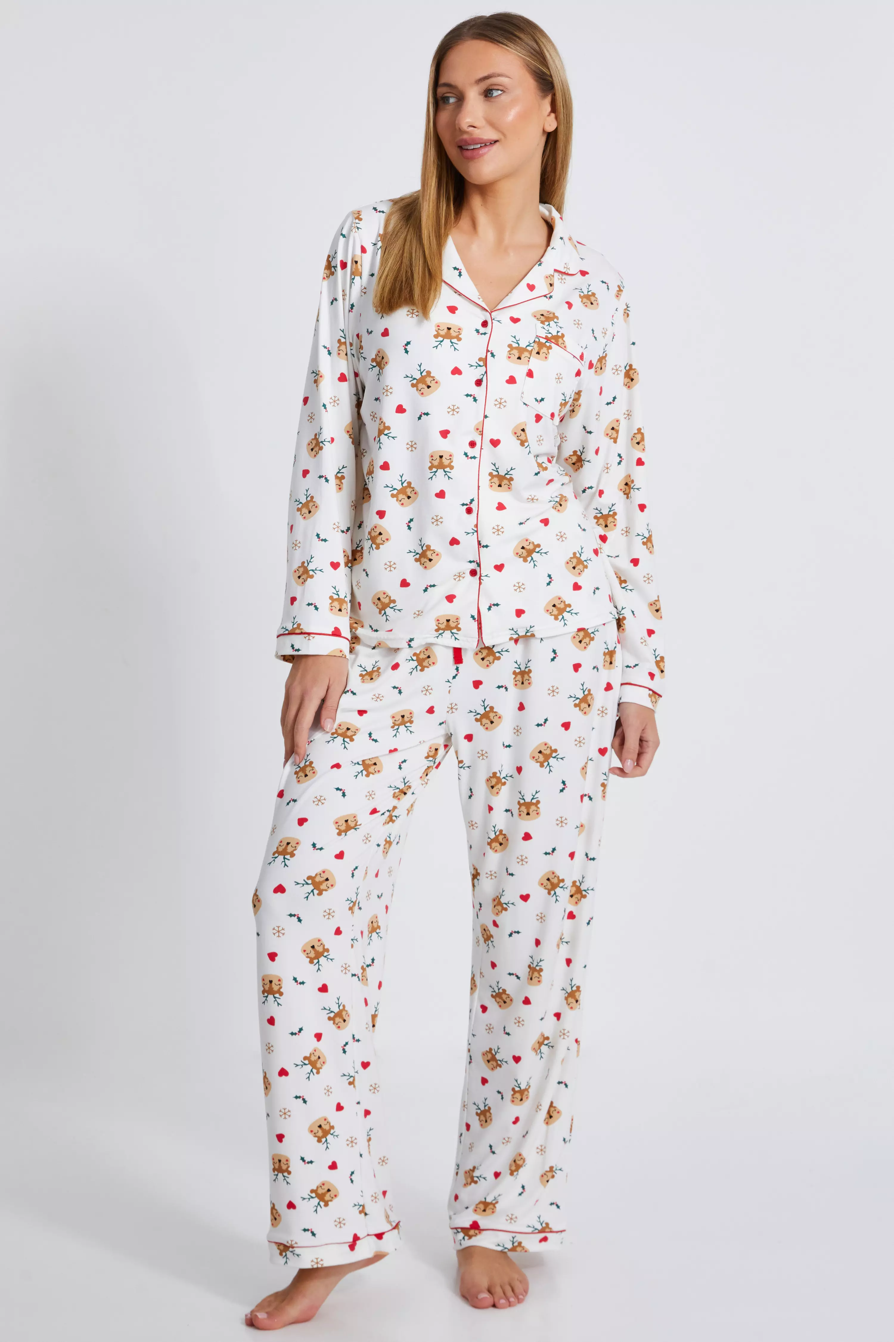 Cream Reindeer Print Long Pyjama Set