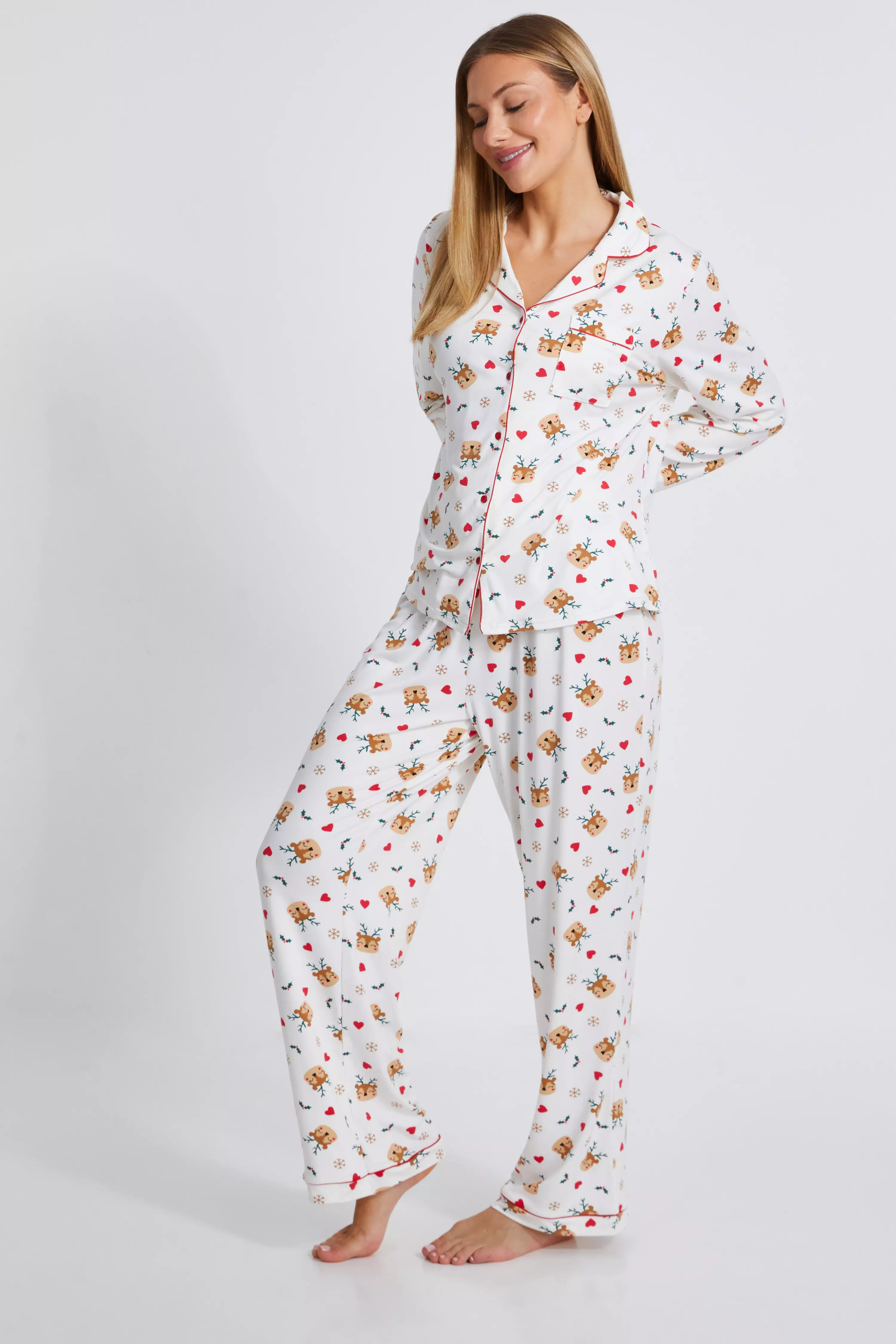 Cream Reindeer Print Long Pyjama Set