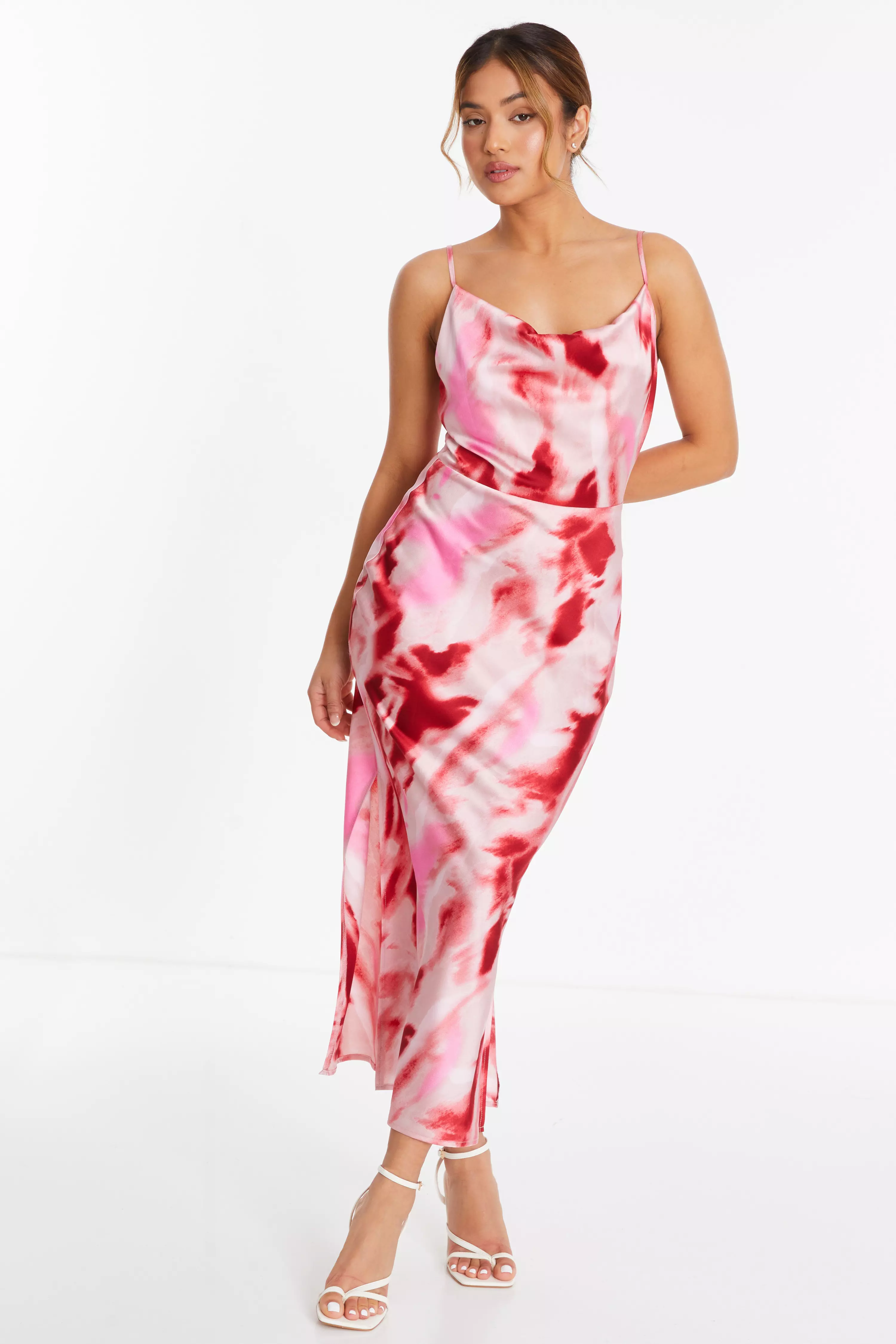 Petite Pink Satin Marble Midi Dress