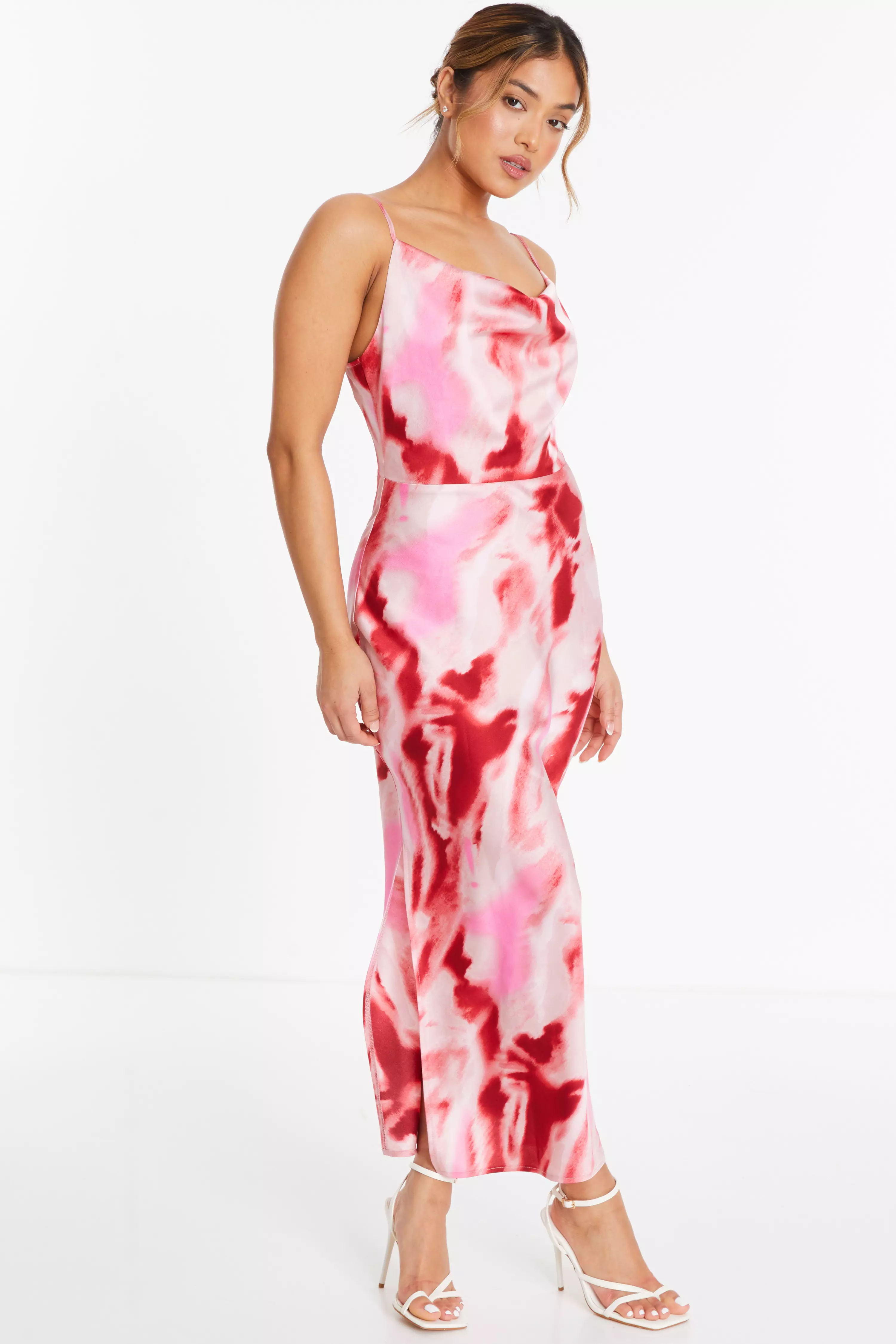 Petite Pink Satin Marble Midi Dress