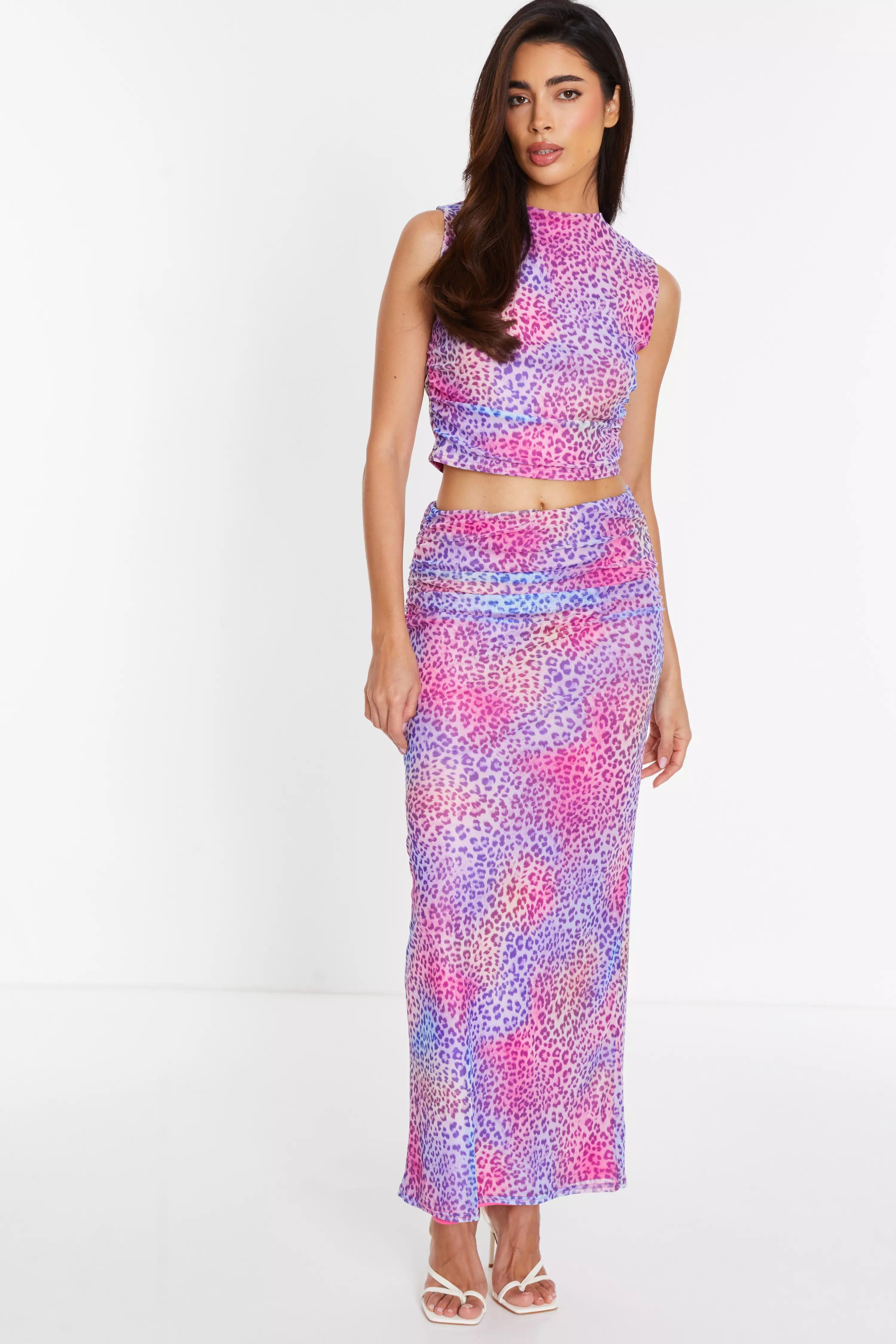 Multicolored Leopard Print Mesh Maxi Skirt